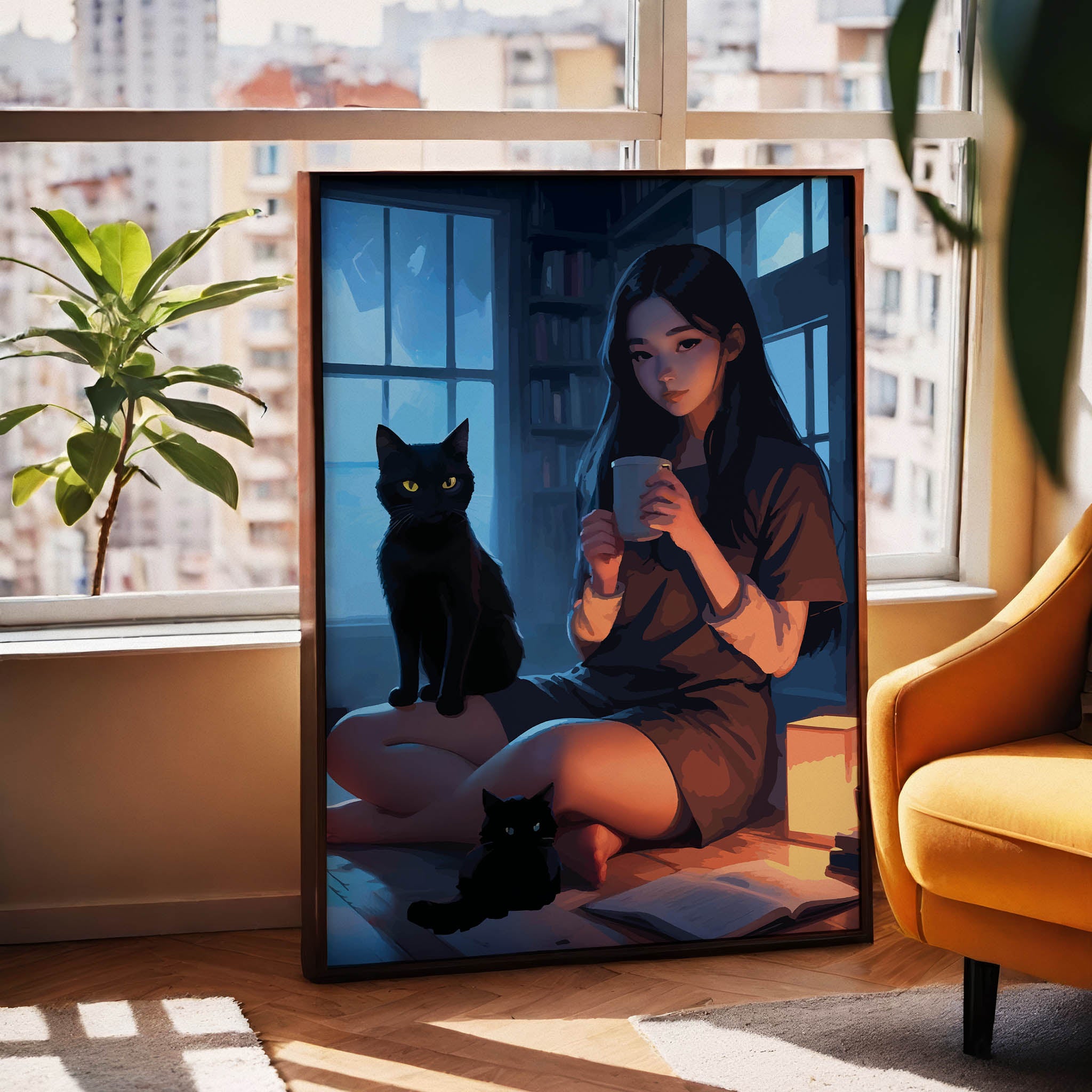 Cozy digital painting of a girl with long dark hair sitting with two black cats and a warm drink in a softly lit room - perfect printable wall art for cat lovers and serene interior spaces