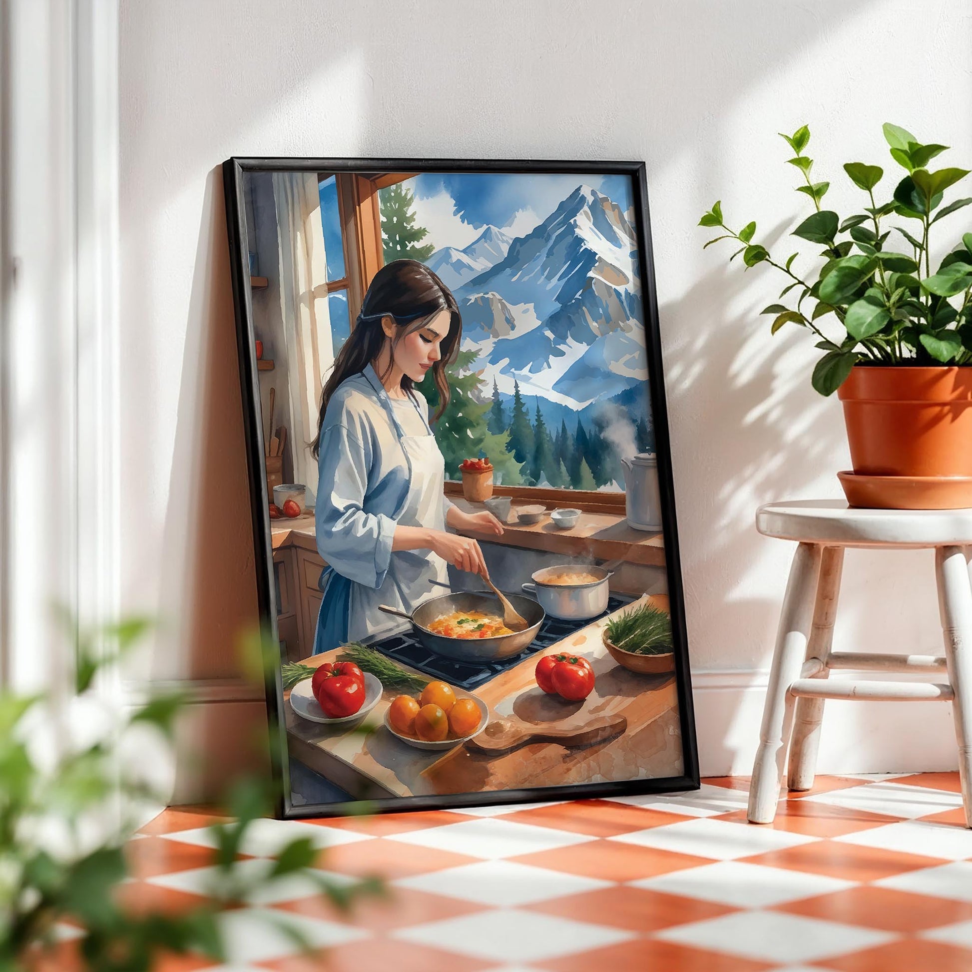Charming digital painting of a woman cooking in a cozy kitchen with a stunning snowy mountain view - warm, rustic printable wall art ideal for kitchen or cabin decor