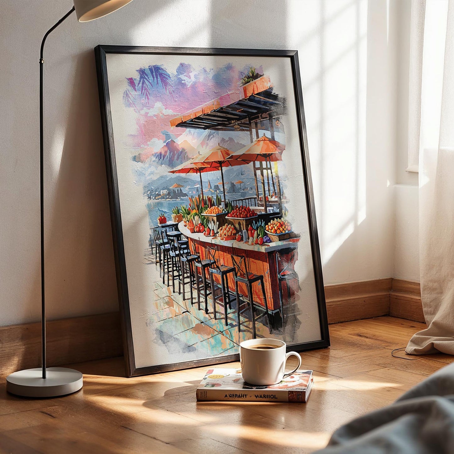 Vibrant terrace bar illustration overlooking the water with citrus fruits, vegetables and warm sunset tones