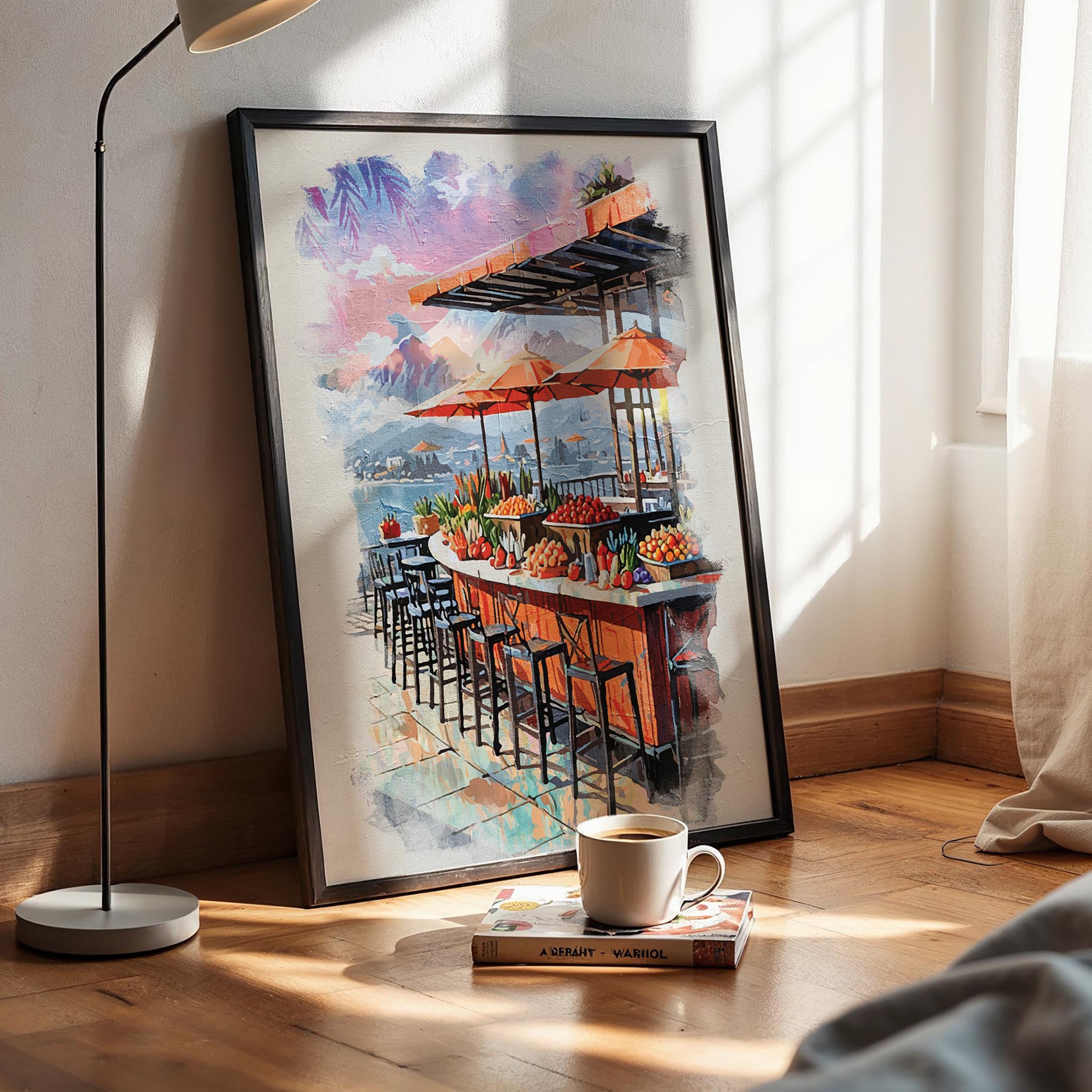 Vibrant terrace bar illustration overlooking the water with citrus fruits, vegetables and warm sunset tones