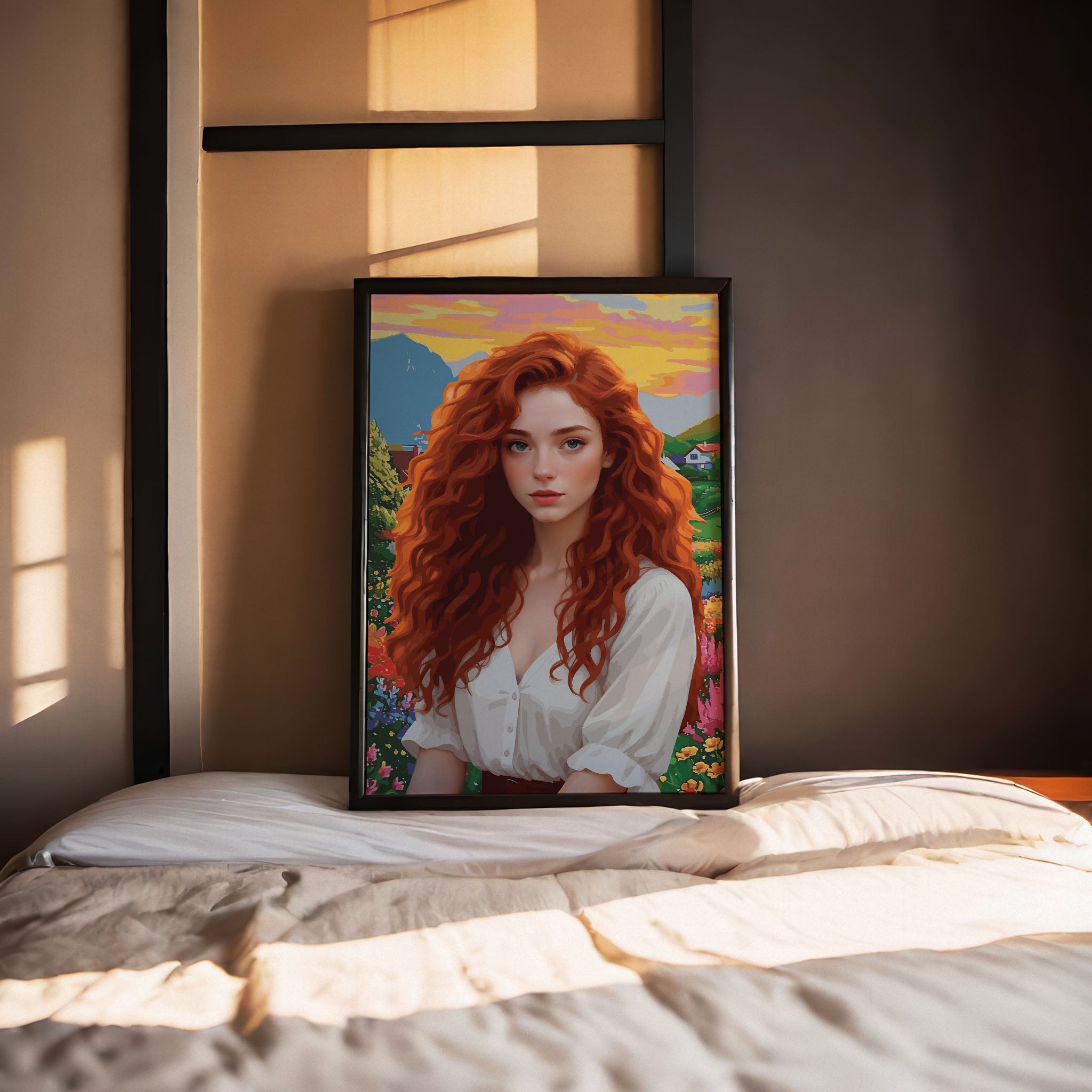 Vibrant digital portrait of a red-haired woman with soft curls, set against a colorful countryside landscape at sunset - modern feminine printable wall art