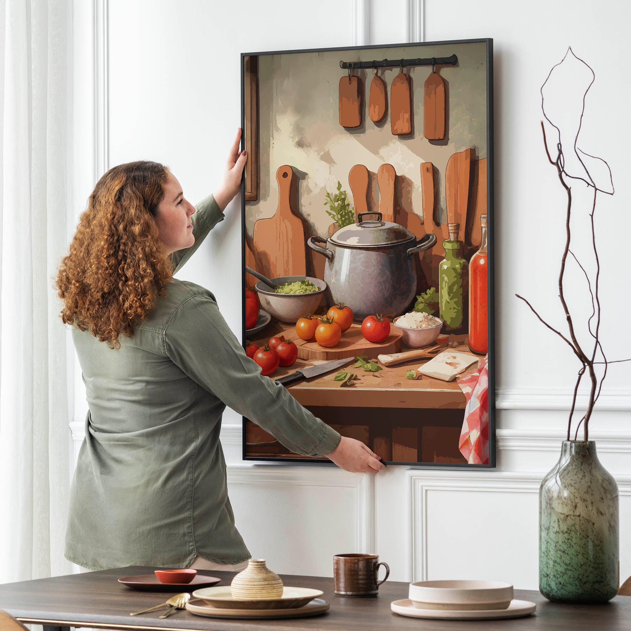Printable wall art of a rustic kitchen scene with fresh tomatoes, herbs, a cooking pot, cutting boards, and bottles of oil and sauce on a wooden countertop, perfect for cozy farmhouse or kitchen-themed decor