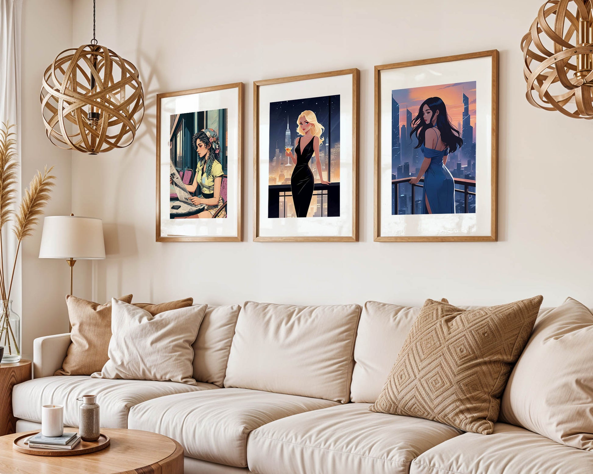 Set of three stylish digital art prints featuring elegant women in modern, cinematic scenes - perfect printable wall art bundle for chic, contemporary home or gallery-style decor