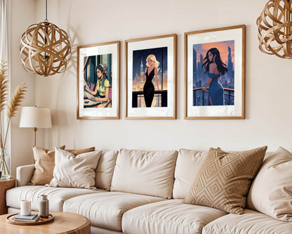 Set of three stylish digital art prints featuring elegant women in modern, cinematic scenes - perfect printable wall art bundle for chic, contemporary home or gallery-style decor