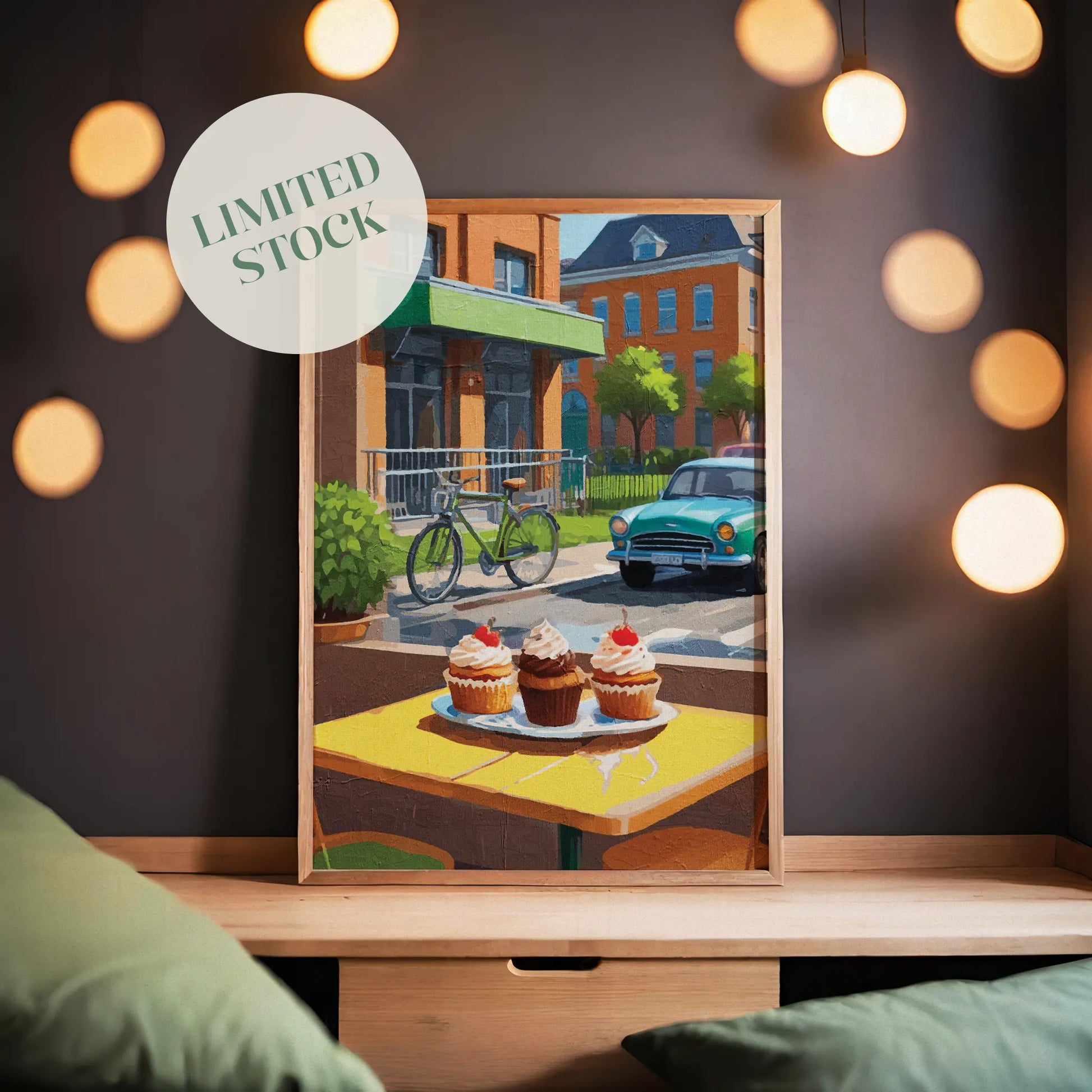 Charming street café scene featuring three cupcakes topped with whipped cream and cherries on a yellow table. In the background, a vintage green car and a bicycle are parked near red-brick buildings with green awnings and lush trees, evoking a warm, nostalgic atmosphere.