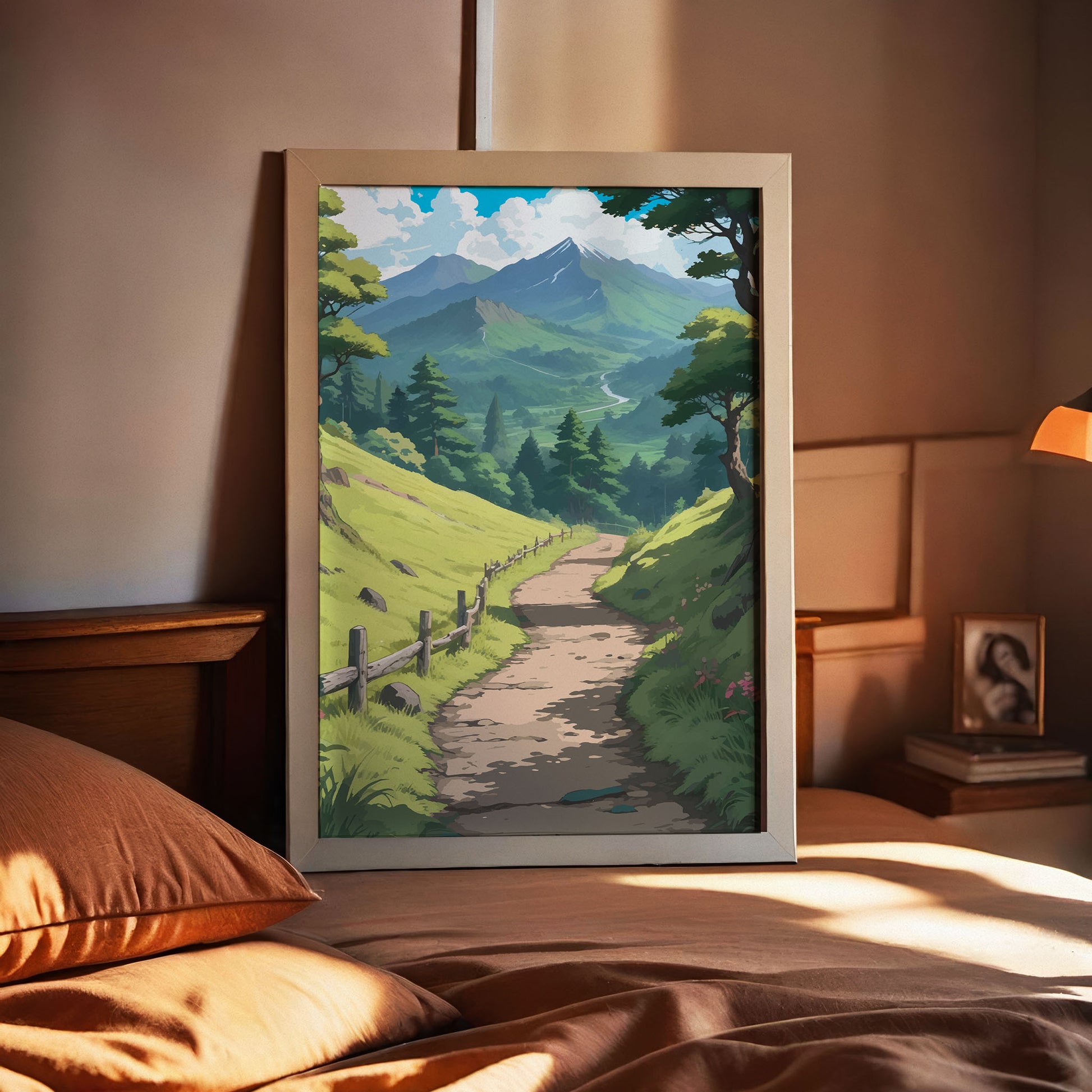 Peaceful nature landscape featuring a winding dirt path through bright green hills, lined with a rustic wooden fence. Tall trees frame the scene, leading the eye toward distant blue mountains, rolling forests, and a river glistening under a sky filled with fluffy white clouds.