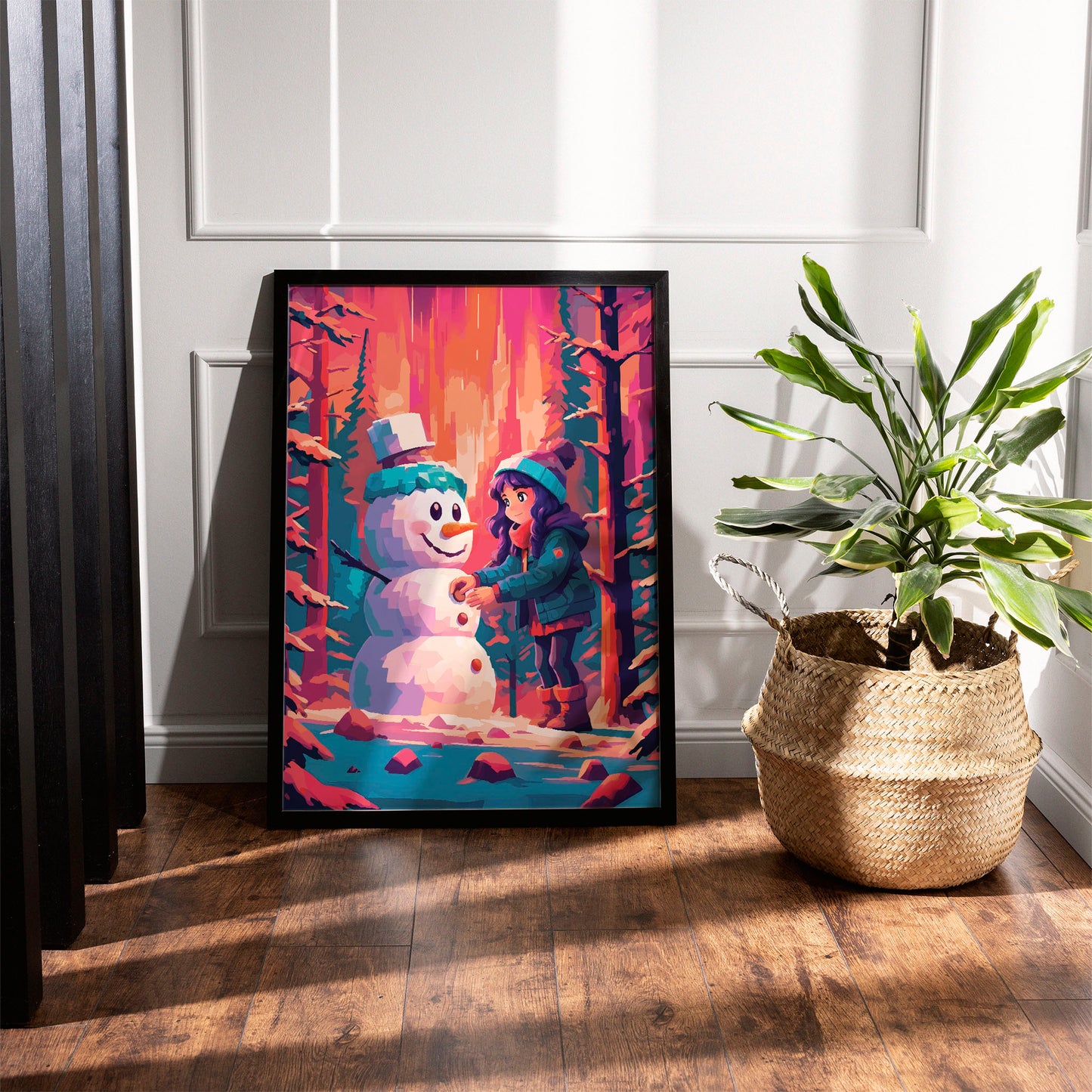 Maximalist winter nursery wall art featuring a sweet illustrated child building a snowman in a colour-blocked forest of orange and teal pines, with a teal top-hatted snowman and orange carrot nose in a richly saturated winter scene