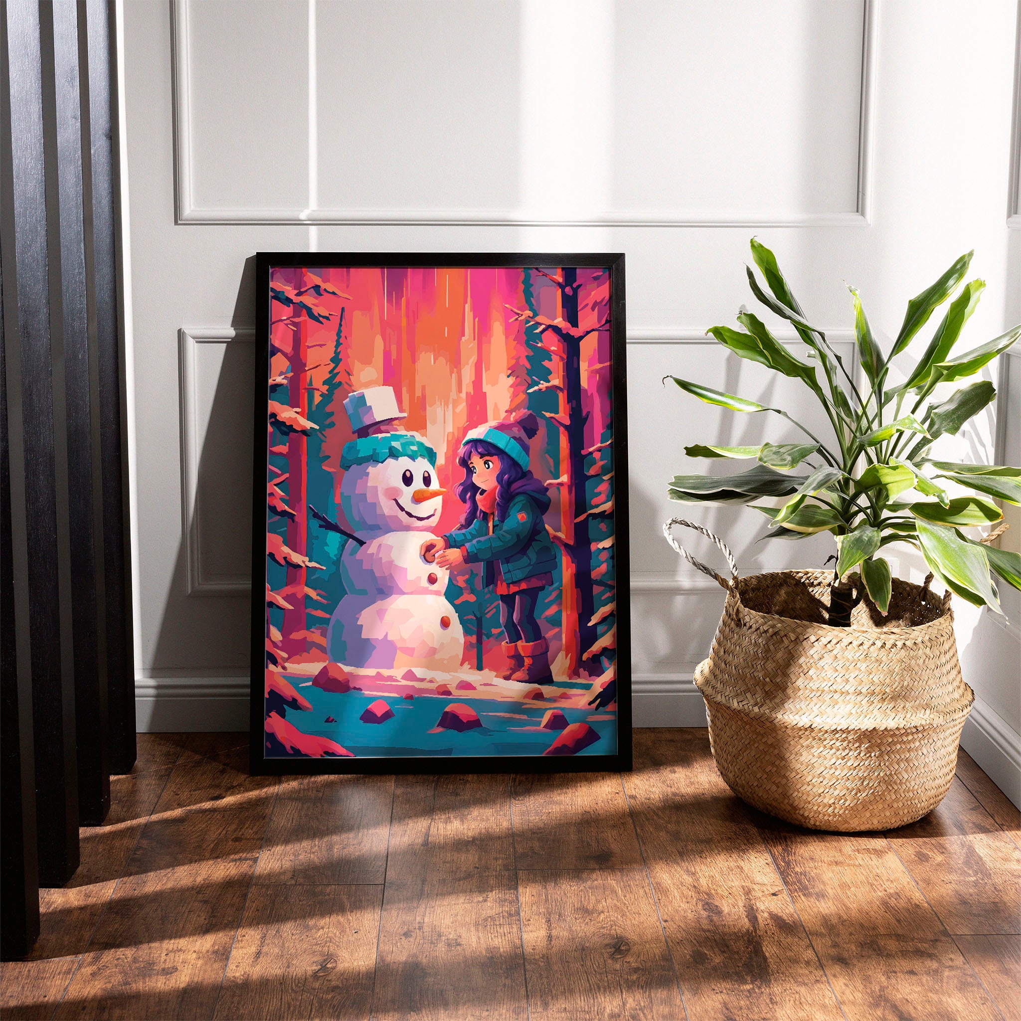 Maximalist winter nursery wall art featuring a sweet illustrated child building a snowman in a colour-blocked forest of orange and teal pines, with a teal top-hatted snowman and orange carrot nose in a richly saturated winter scene