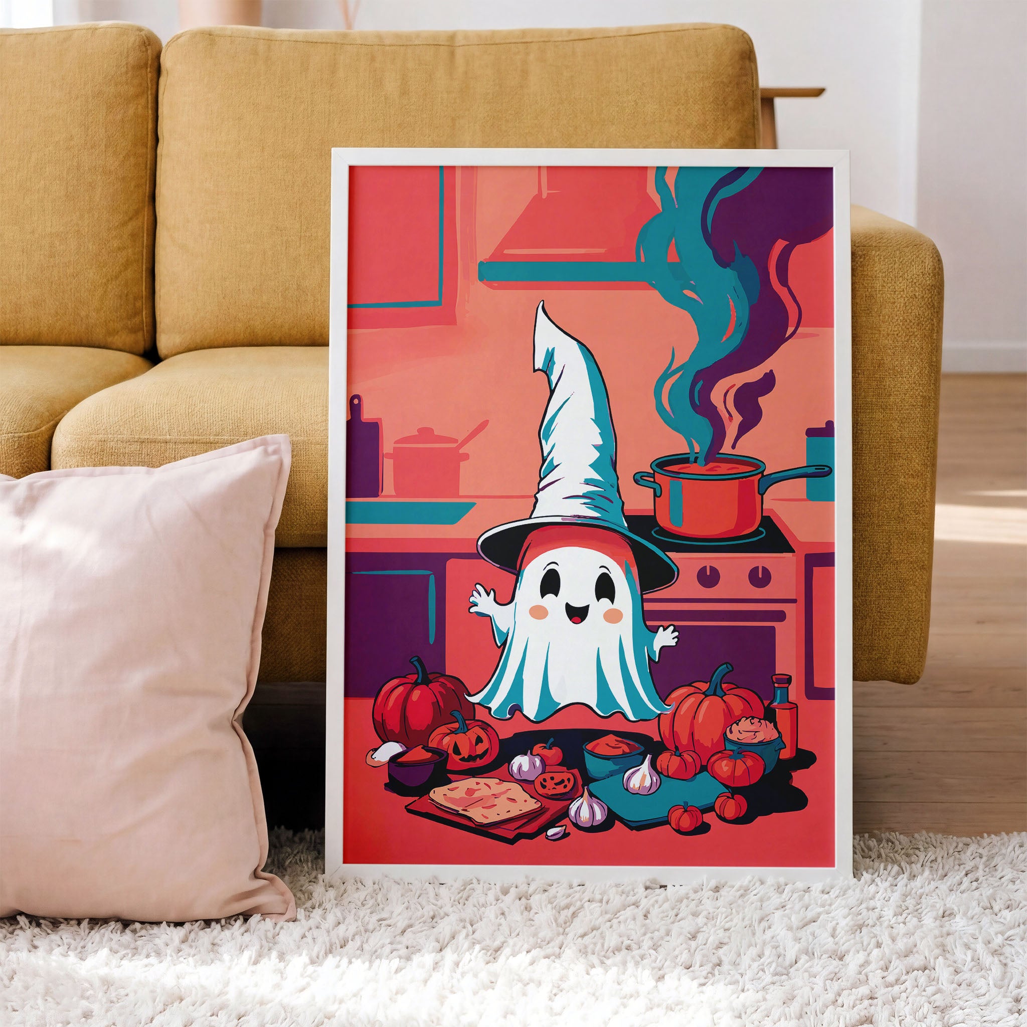 Whimsical Halloween kitchen poster featuring a cheerful ghost chef in a tall pointed hat amid a coral-toned kitchen scene with pumpkins, garlic, flatbread, a teal prep board, and a red Dutch oven with dramatic teal steam swirls