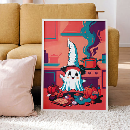 Whimsical Halloween kitchen poster featuring a cheerful ghost chef in a tall pointed hat amid a coral-toned kitchen scene with pumpkins, garlic, flatbread, a teal prep board, and a red Dutch oven with dramatic teal steam swirls