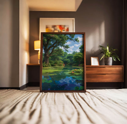 Tranquil landscape featuring a lush tropical pond surrounded by vibrant greenery, blooming water lilies, and tall trees with sprawling branches. The calm water reflects the blue sky and clouds, creating a serene and peaceful nature scene.