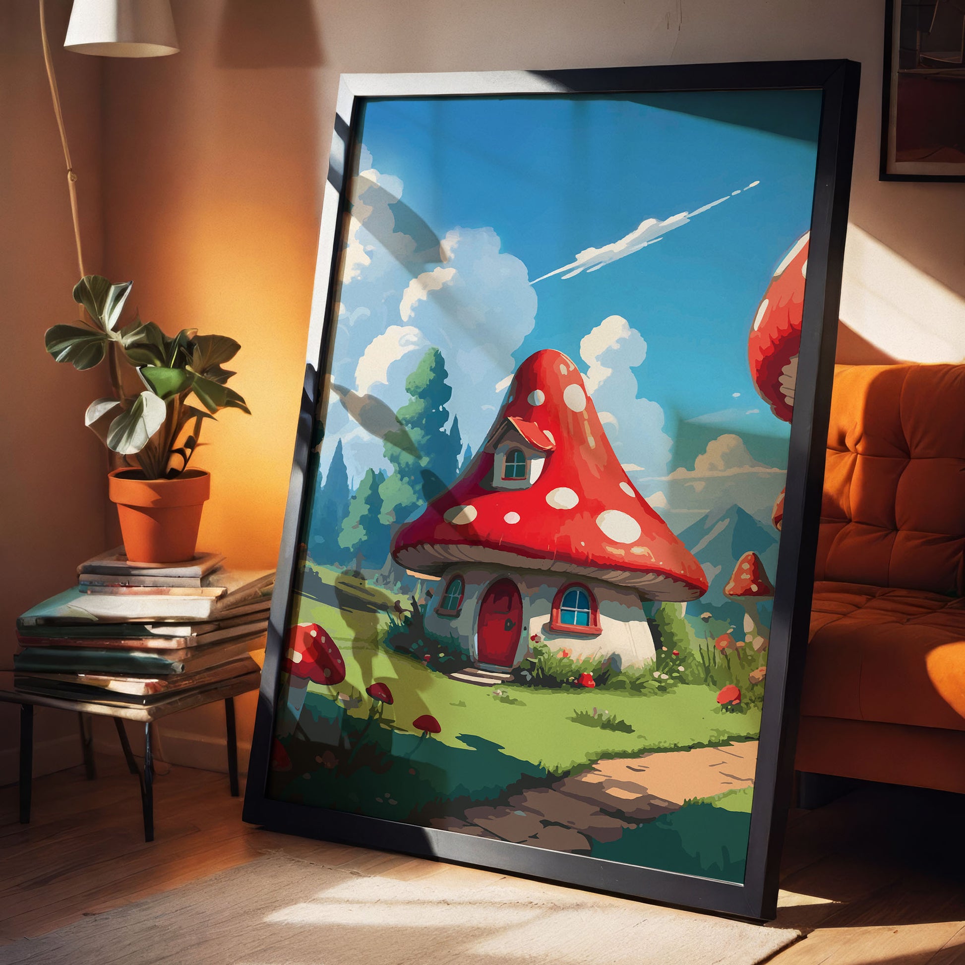 Whimsical fantasy scene featuring a cozy mushroom-shaped house with a red and white spotted roof, round windows, and a red door. Set in a sunny meadow with green grass, flowers, and tall trees under a bright blue sky with fluffy clouds and distant mountains