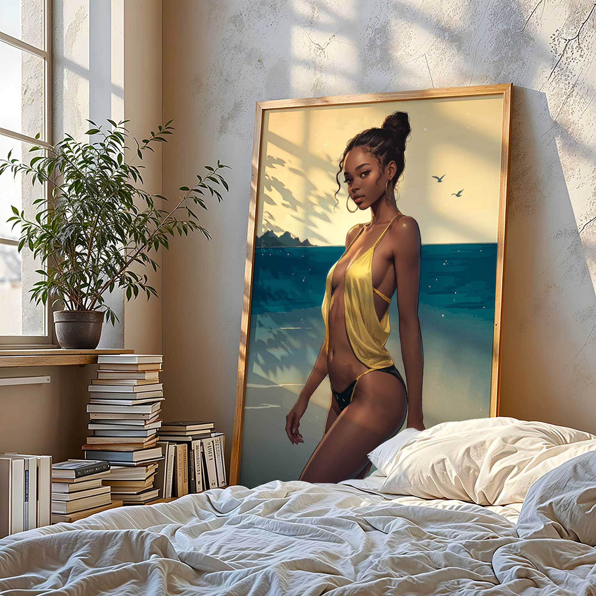 Elegant beach portrait illustration of a confident woman standing by the ocean at sunset, wearing a flowing yellow swimsuit with soft golden light reflecting on the water. Modern feminine wall art with a calm coastal vibe, warm tones, and a sophisticated summer aesthetic. Printable Wall Art. Digital Download.