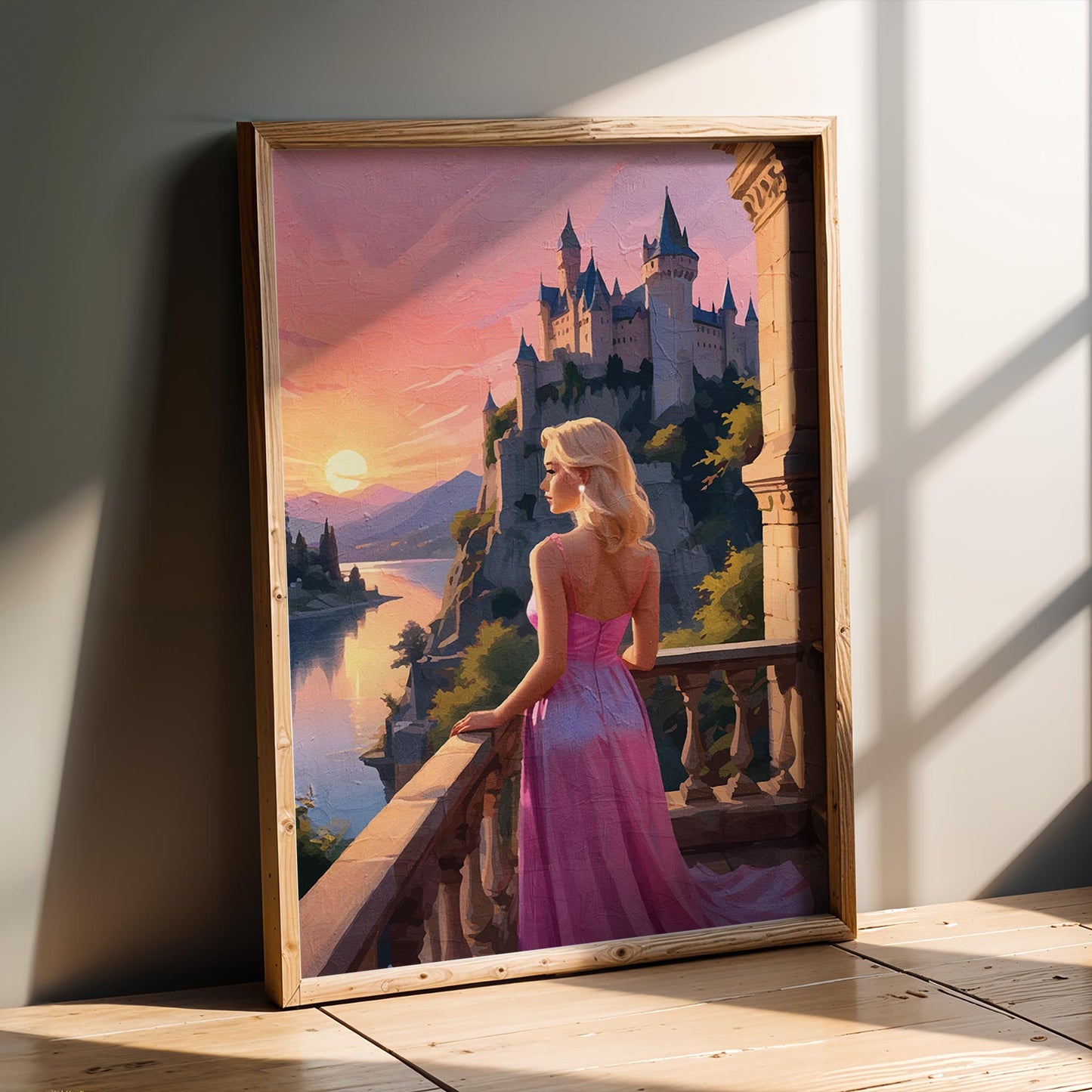 Romantic fantasy wall art featuring an elegant woman in a flowing pink gown standing on a stone balcony at sunset. She overlooks a glowing river valley and a majestic castle perched on a cliff, surrounded by pastel skies, soft golden light, and distant mountains, creating a dreamy fairytale atmosphere. Digital Download. Printable Wall Art.