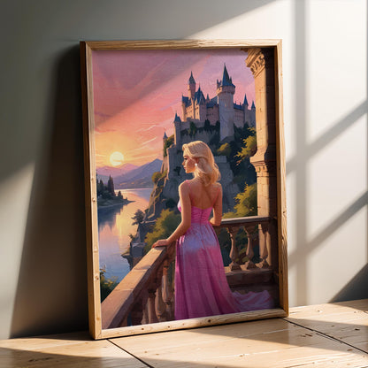 Romantic fantasy wall art featuring an elegant woman in a flowing pink gown standing on a stone balcony at sunset. She overlooks a glowing river valley and a majestic castle perched on a cliff, surrounded by pastel skies, soft golden light, and distant mountains, creating a dreamy fairytale atmosphere. Digital Download. Printable Wall Art.