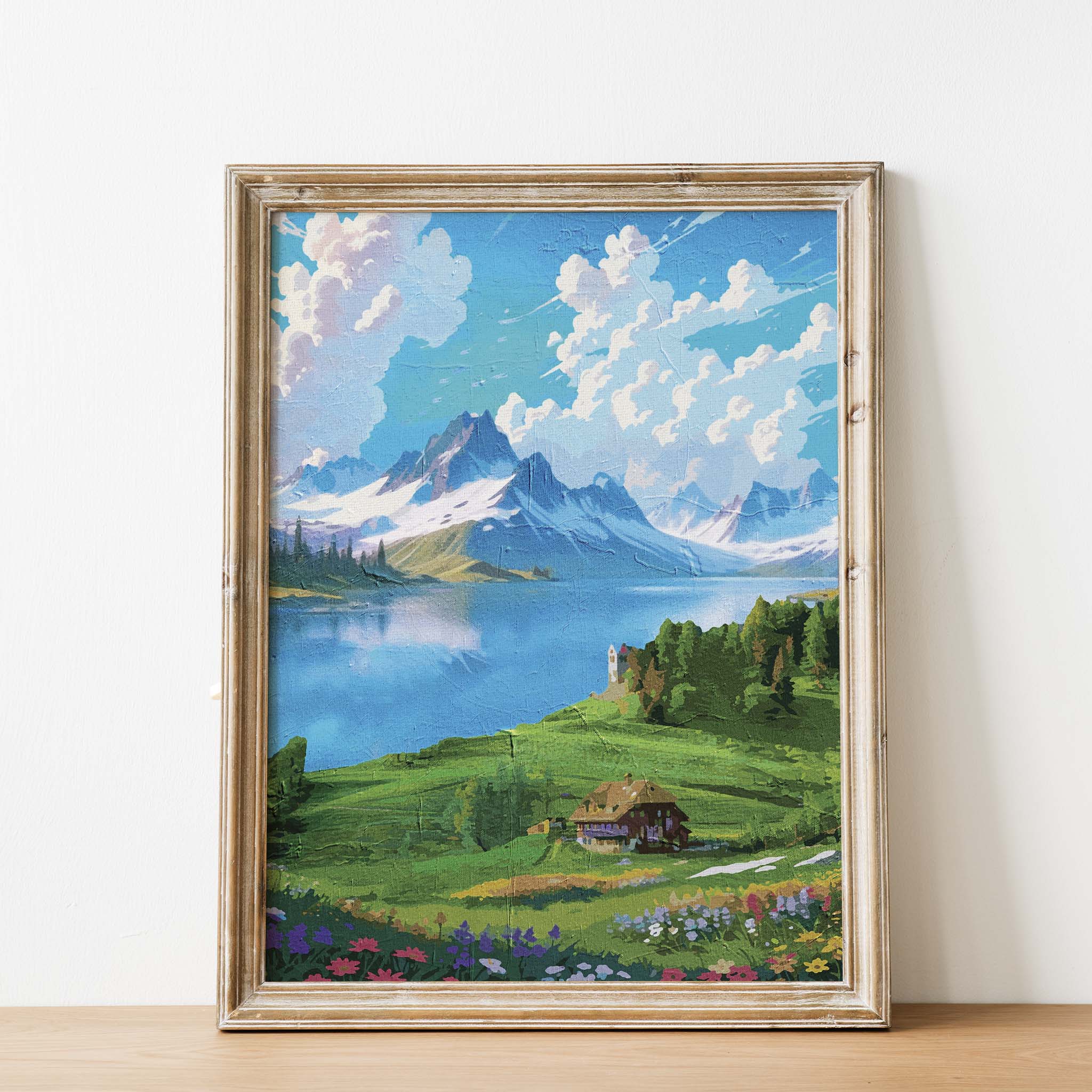 Vibrant digital painting of a scenic alpine landscape featuring a serene lake, snow-capped mountains, a cozy cottage, and blooming wildflowers - printable wall art for nature and travel lovers. 