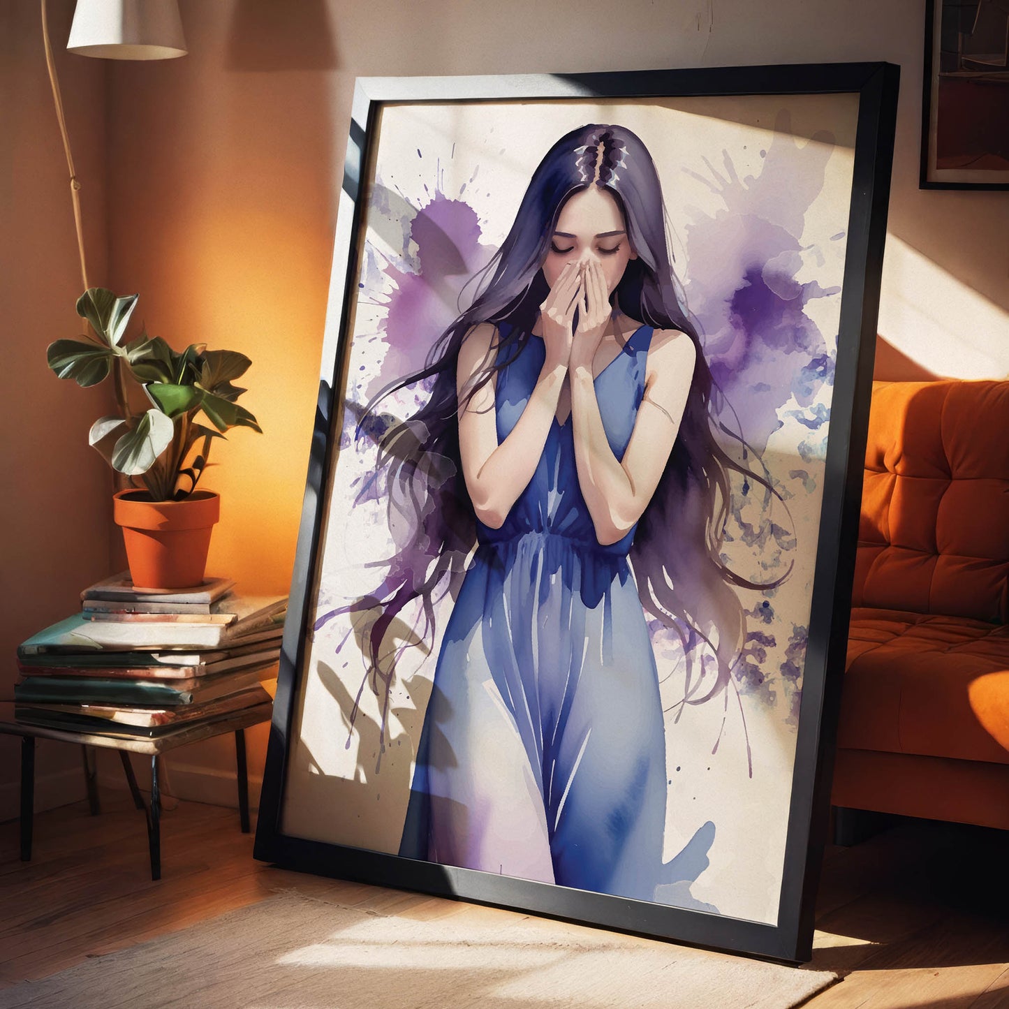 Emotional watercolor-style illustration of a woman in a flowing blue dress covering her face, with expressive purple and blue paint splashes, expressive printable wall art evoking deep feelings and introspection