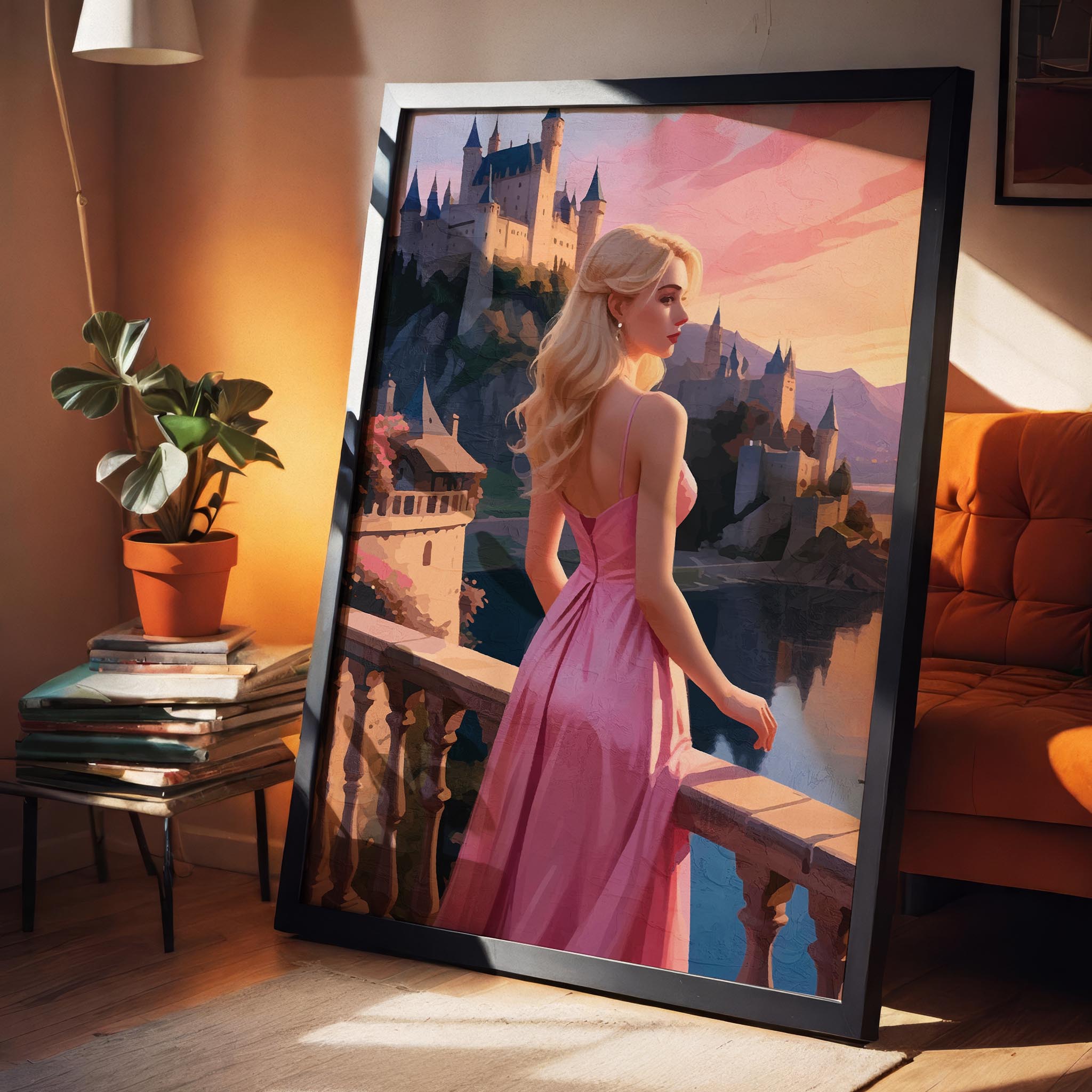 Romantic digital painting of a blonde woman in a flowing pink gown standing on a castle balcony at sunset, fairytale princess wall art print
