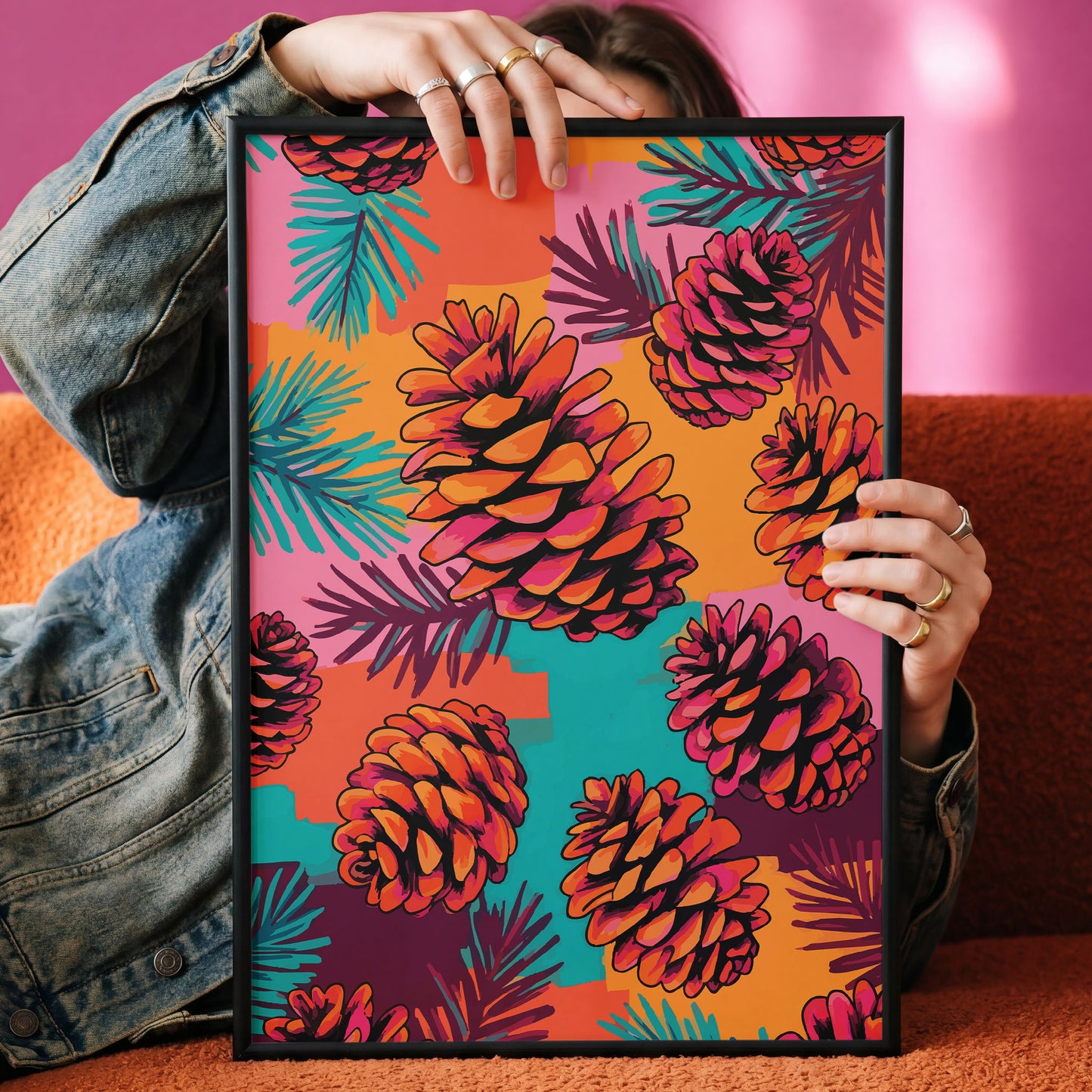 Maximalist botanical wall art featuring oversized illustrated pine cones and teal pine branches on a vibrant patchwork background of orange, hot pink, and turquoise