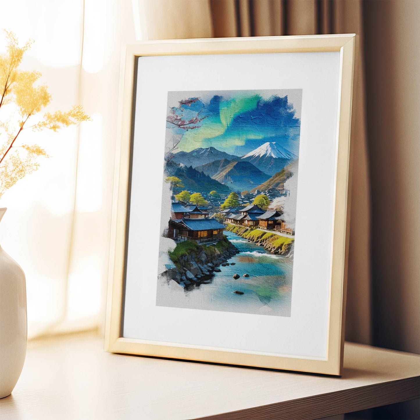 Serene Japan-inspired artwork featuring a riverside village, cherry blossoms and snow-capped mountain at dusk