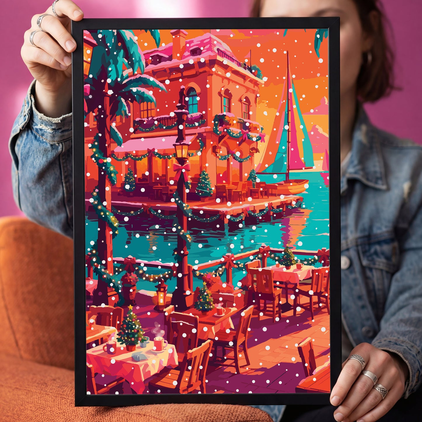Maximalist holiday travel wall art featuring a snow-falling Mediterranean Christmas scene — a garland-decorated waterfront restaurant with café chairs, mini Christmas trees, teal sailboats in a jewel-blue harbour, and pink-roofed buildings under a bold orange and coral sunset sky