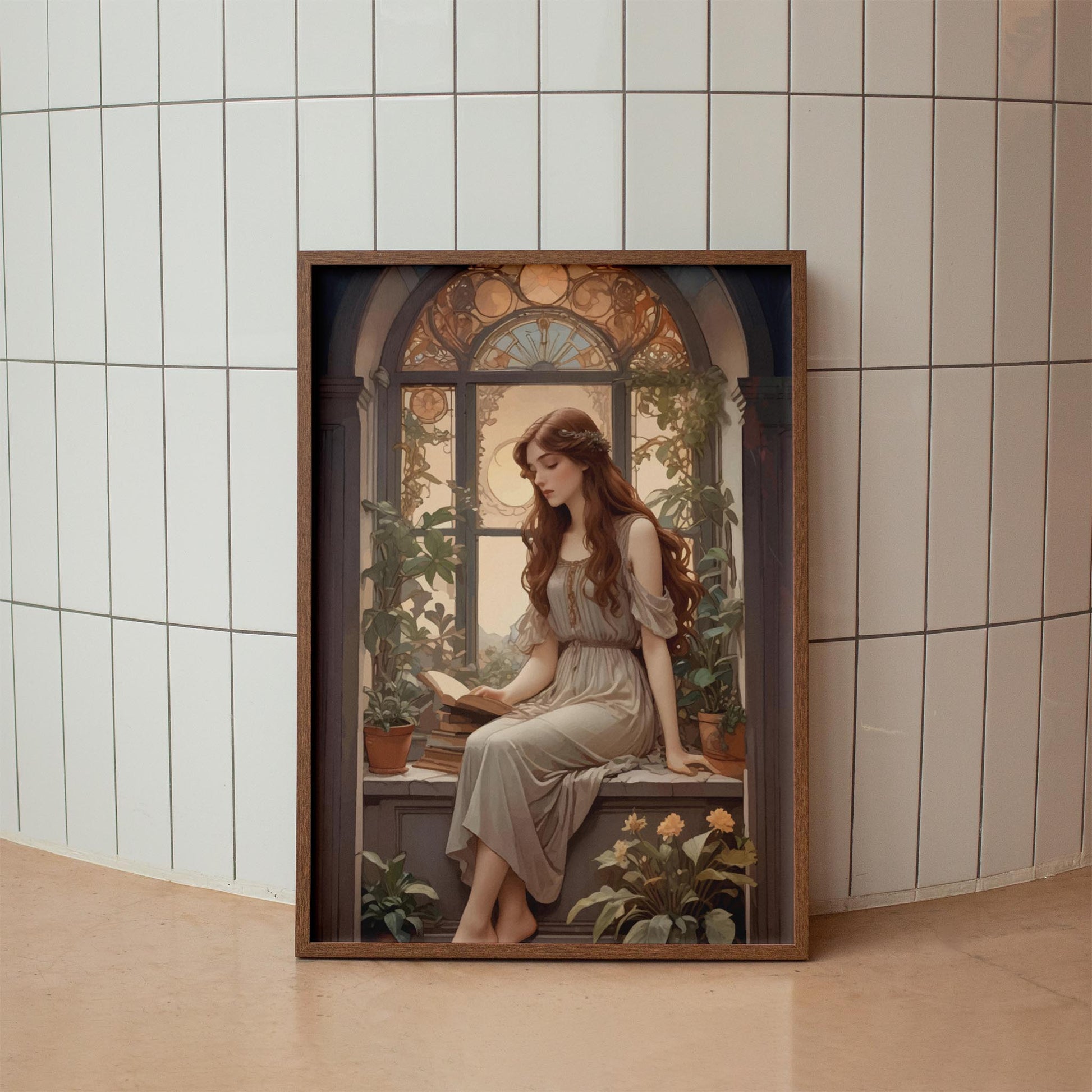 Romantic digital wall art of a young woman in a flowing dress reading a book by a vintage arched window, surrounded by lush potted plants and soft golden light