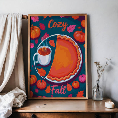 Close-up of a painterly fall baking print featuring a golden pumpkin pie with crimped crust, a white coffee cup with rising steam, and bold "Cozy Fall" lettering in orange and magenta