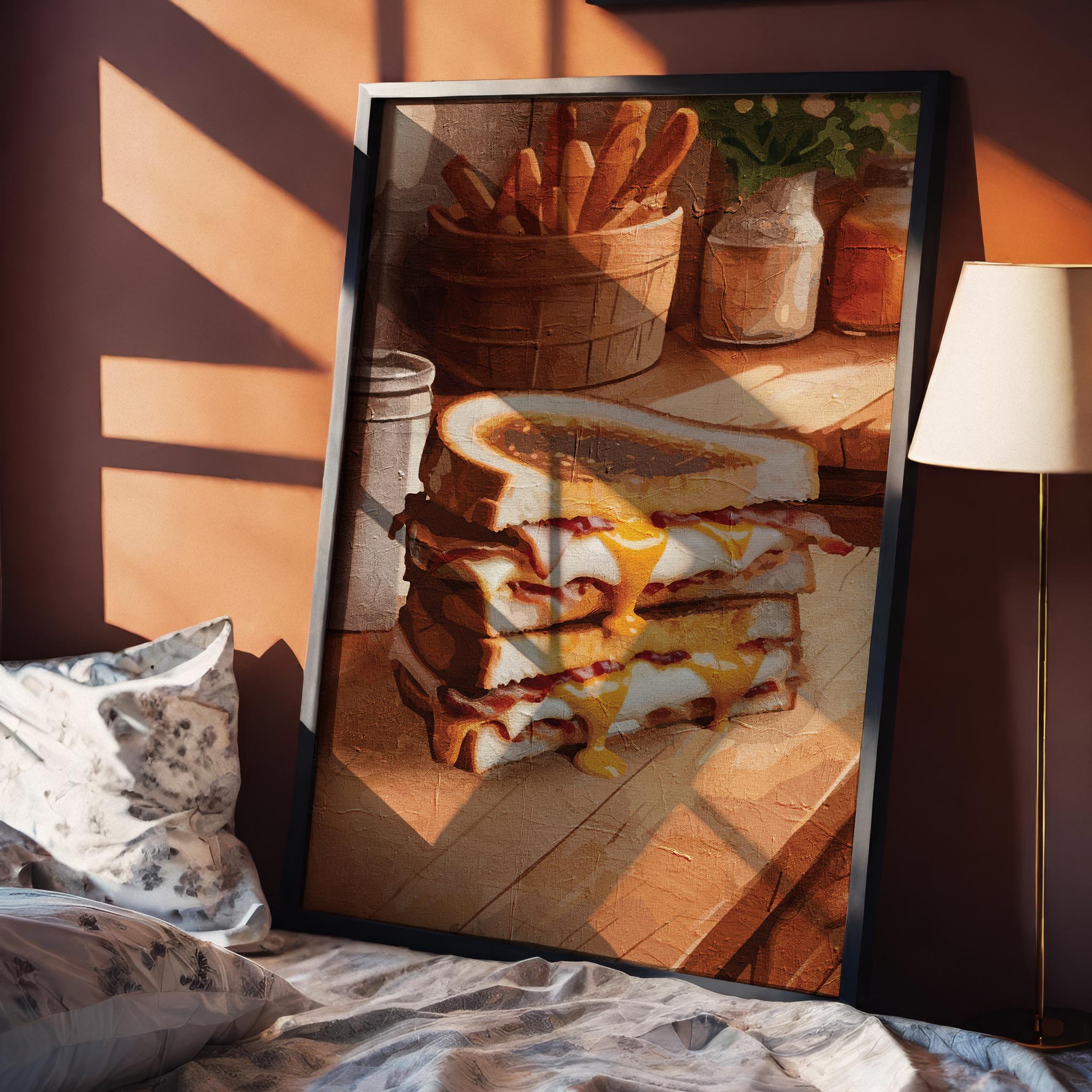 Printable wall art of a stack of grilled cheese sandwiches with melted cheddar oozing out, set on a rustic wooden counter with warm tones and cozy kitchen details, perfect for food lovers and farmhouse-style decor