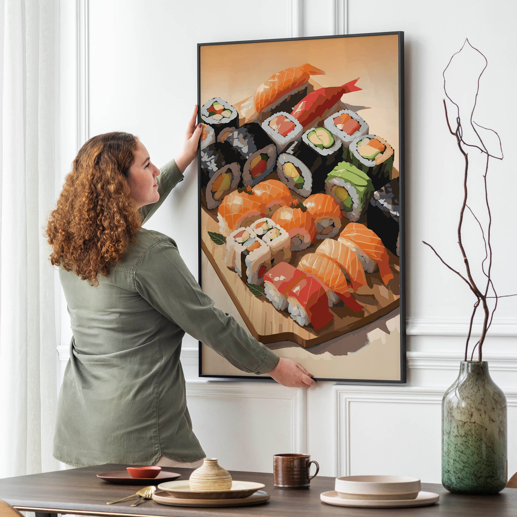 Printable wall art of an assorted sushi platter featuring colorful nigiri and sushi rolls with salmon, tuna, avocado, and vegetables, beautifully arranged on a wooden board, perfect for kitchen, dining area, or Japanese cuisine-themed decor.