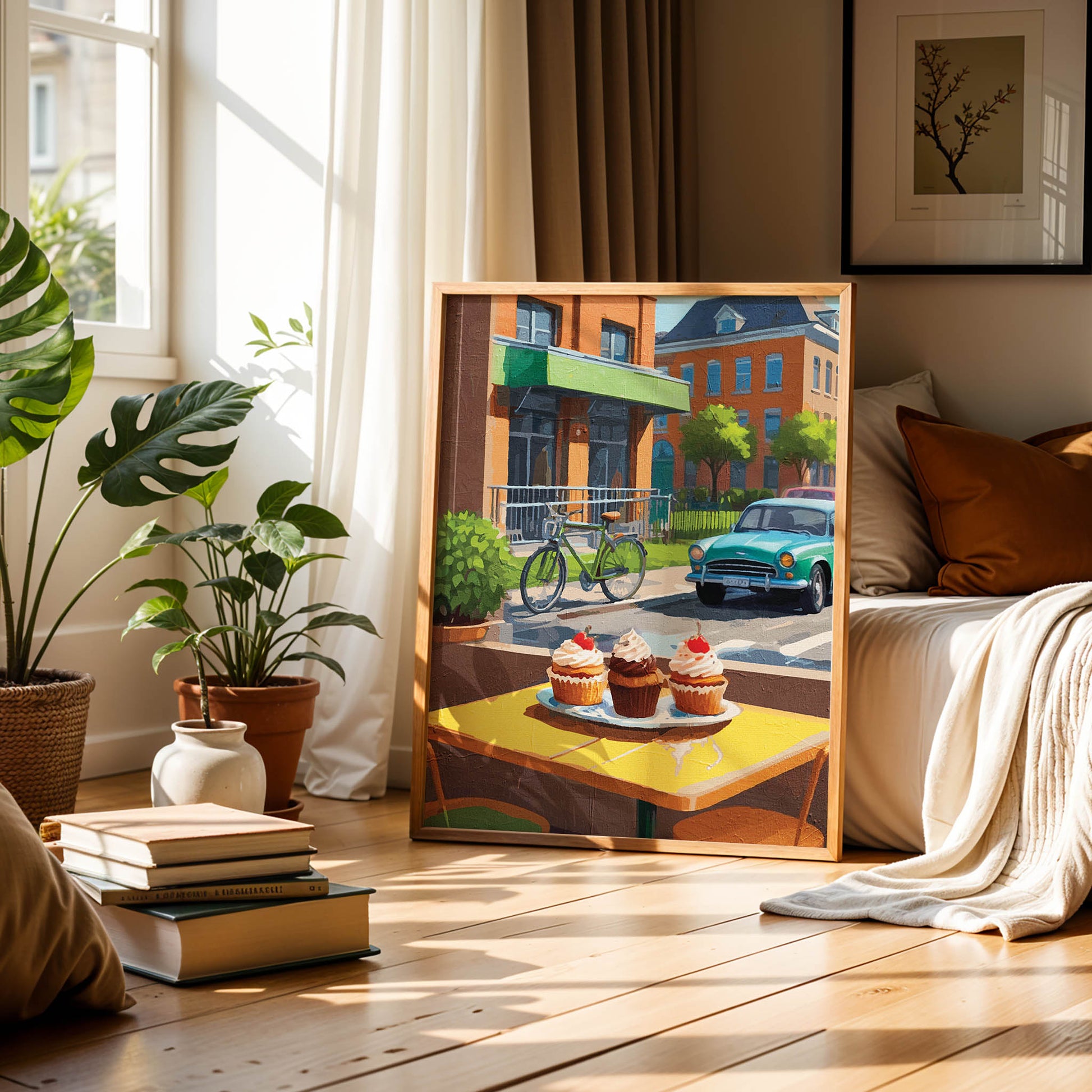 Charming street café scene featuring three cupcakes topped with whipped cream and cherries on a yellow table. In the background, a vintage green car and a bicycle are parked near red-brick buildings with green awnings and lush trees, evoking a warm, nostalgic atmosphere.