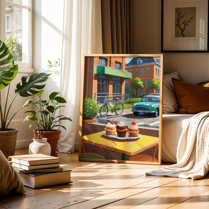 Charming street café scene featuring three cupcakes topped with whipped cream and cherries on a yellow table. In the background, a vintage green car and a bicycle are parked near red-brick buildings with green awnings and lush trees, evoking a warm, nostalgic atmosphere.