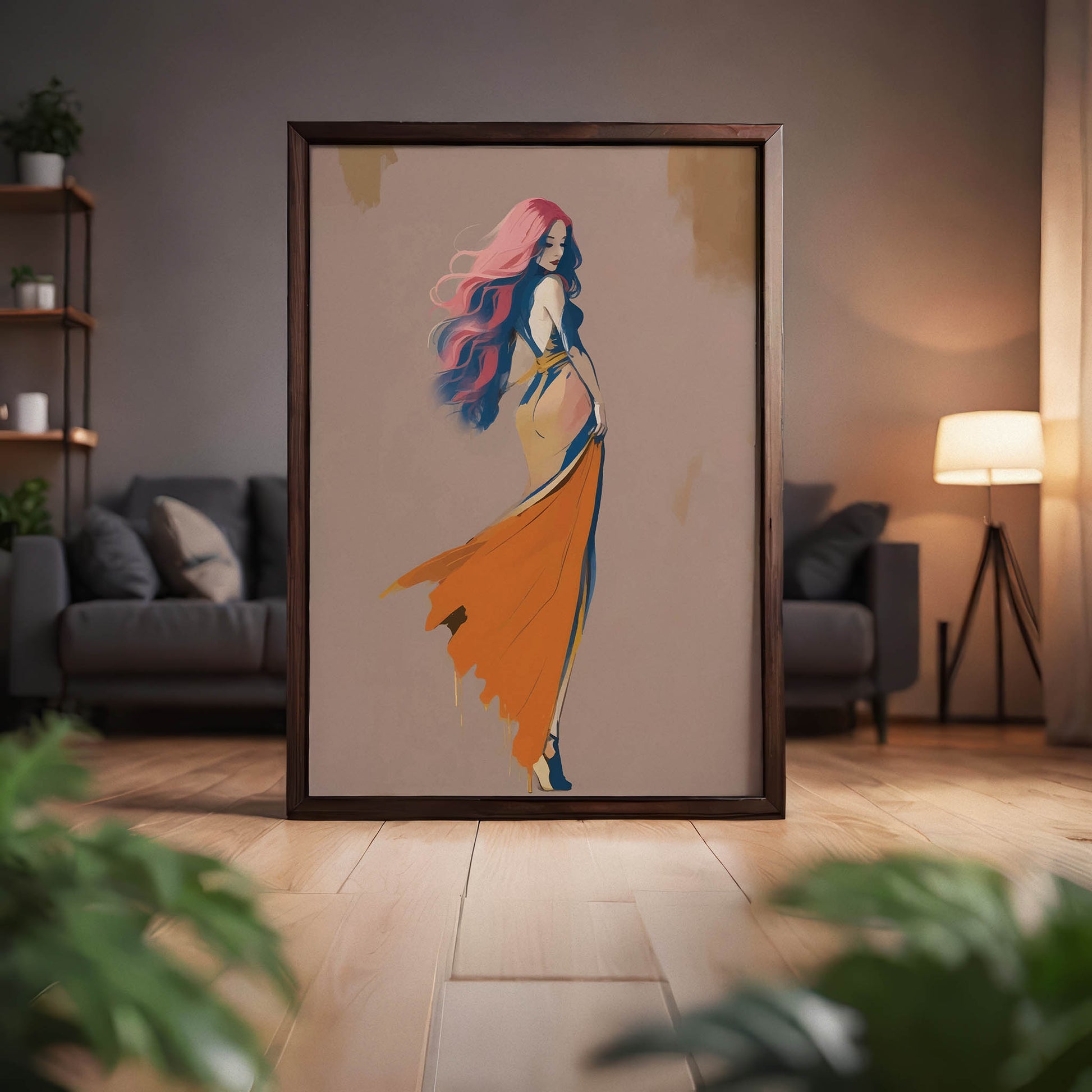 Printable wall art of an elegant woman with flowing pink and purple hair, wearing a backless orange gown with a dramatic train, set against a soft neutral background, perfect for modern and chic home decor.