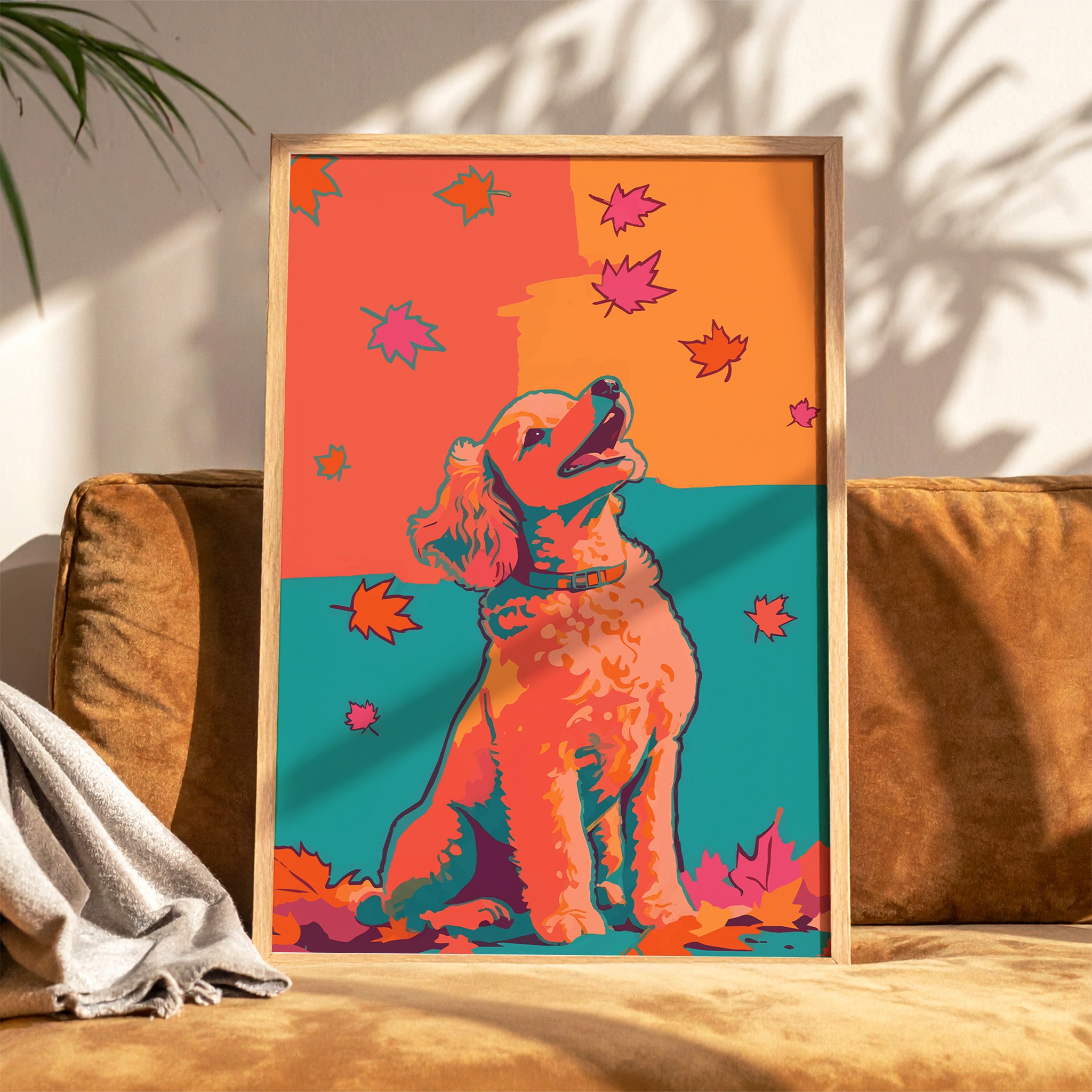 Dopamine-style dog print featuring a painterly golden retriever or doodle with a teal collar, surrounded by scattered maple leaves in orange and hot pink against a bright teal and coral colour-block backdrop