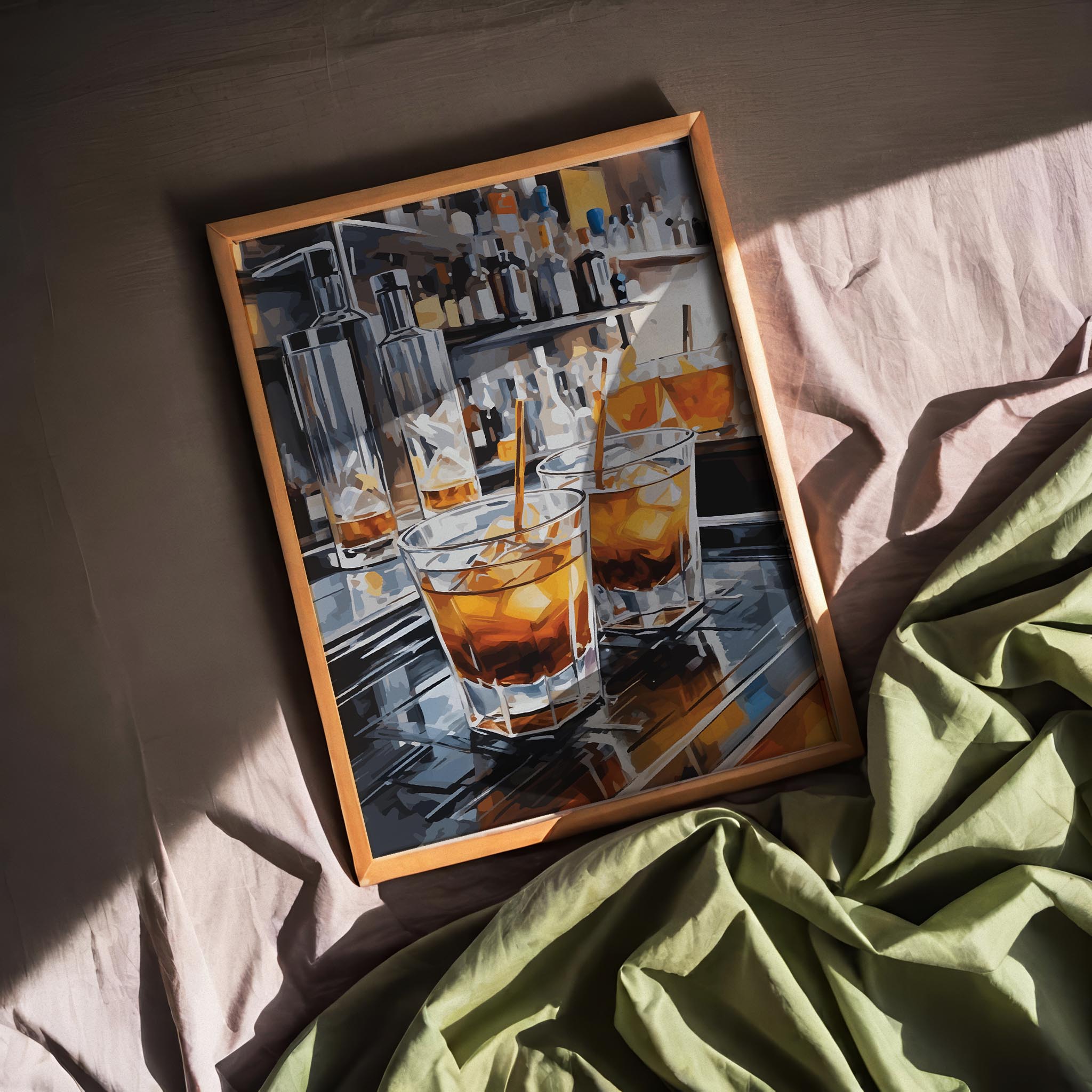 Printable wall art of stylish cocktail glasses filled with whiskey and ice, set on a reflective bar counter with bottles in the background, perfect for modern kitchen, home bar, or lounge decor