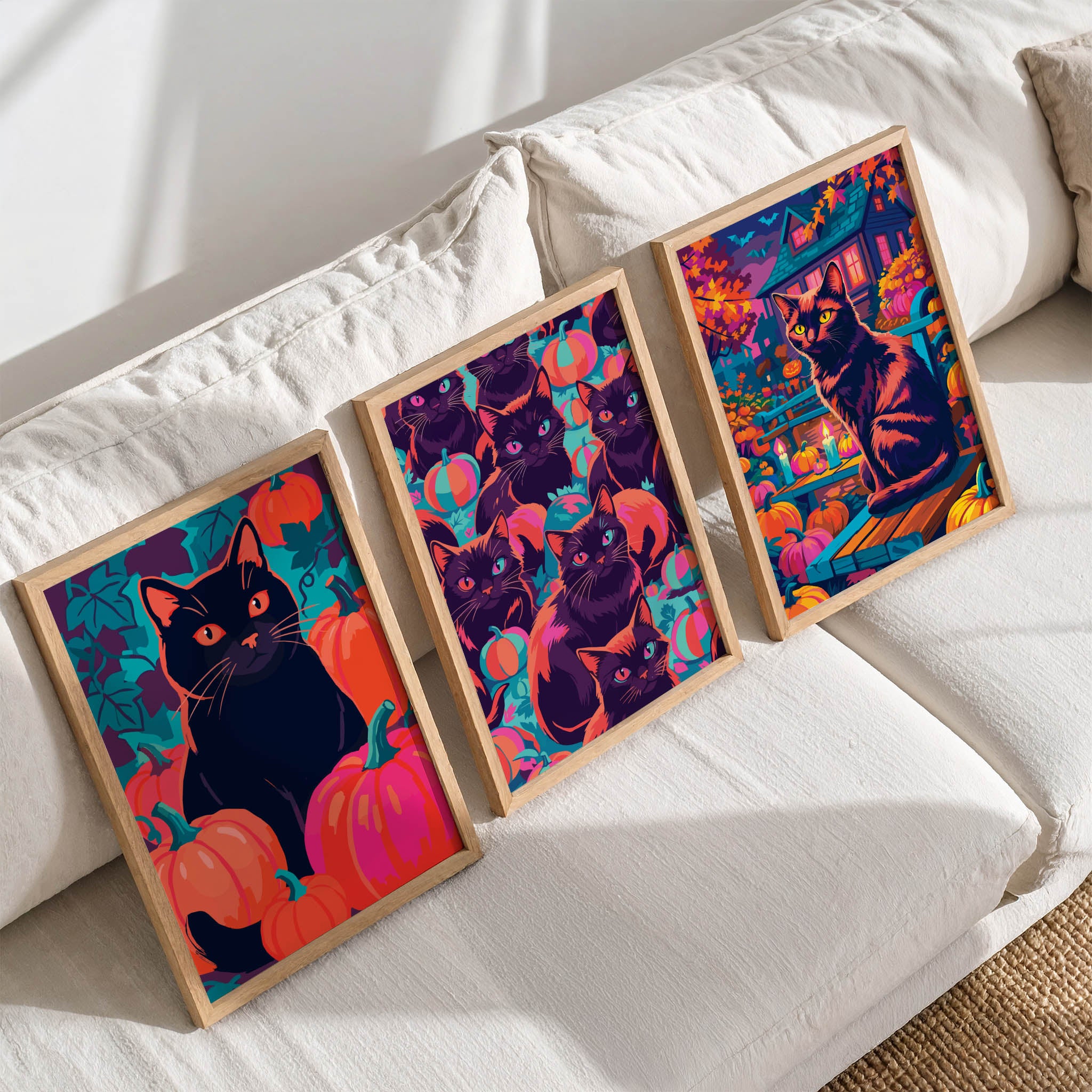 Styled shelf display of three maximalist black cat Halloween prints in white frames - a bold close-up portrait with orange-red eyes, an all-over cat and pumpkin pattern on plum, and a moody outdoor Halloween scene with candles and jack-o-lanterns
