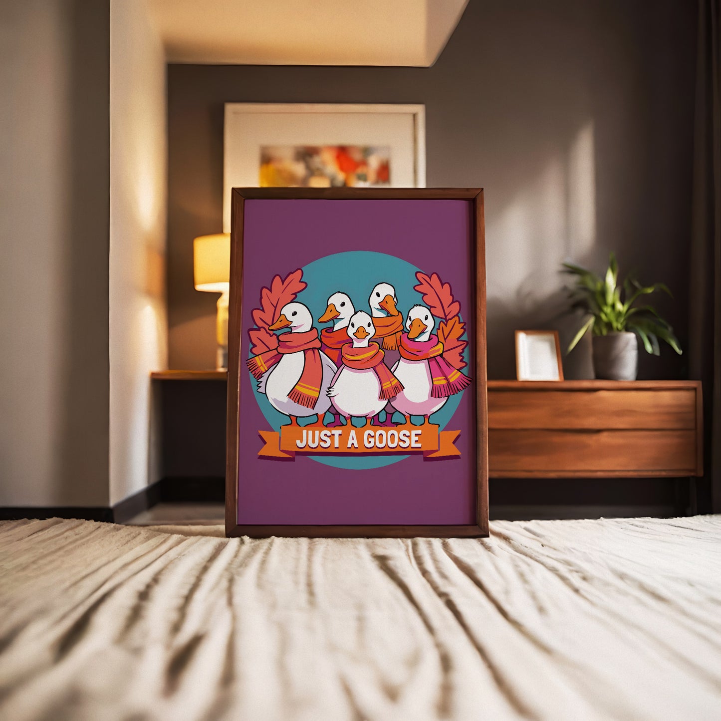 Dopamine-style funny goose poster with five illustrated geese in cozy autumn scarves, framed in a teal medallion with harvest oak leaves and a bold orange banner on a saturated plum backdrop