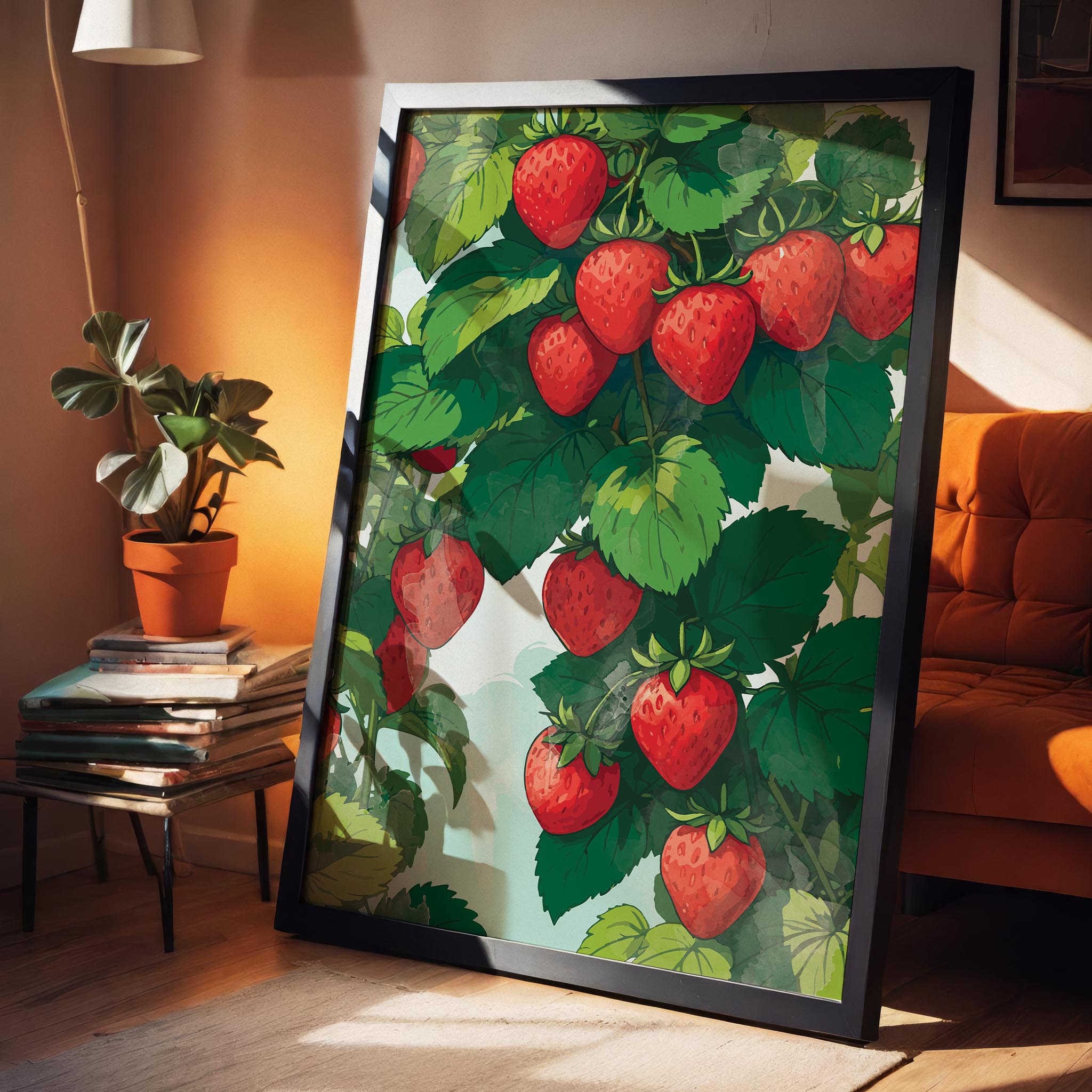 Printable wall art featuring vibrant red strawberries growing among lush green leaves on a sunny day, illustrated in a botanical style, perfect for kitchen, garden, or farmhouse-themed decor