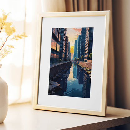 Digital painting of a serene urban canal at sunset, surrounded by tall glass buildings with warm reflections - modern printable wall art perfect for cityscape lovers and contemporary interiors