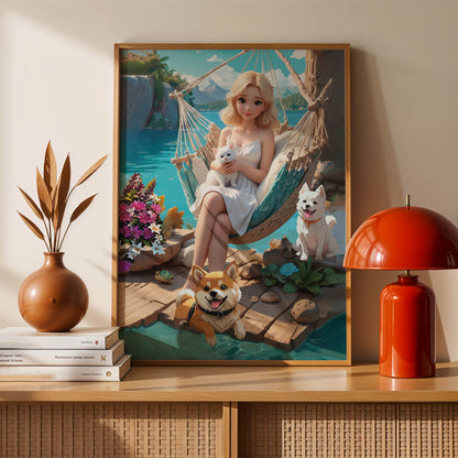 Whimsical printable wall art of a blonde woman in a white dress relaxing in a hammock by a turquoise lake, holding a white kitten, with two cheerful dogs nearby, vibrant flowers, and serene mountain scenery in the background.