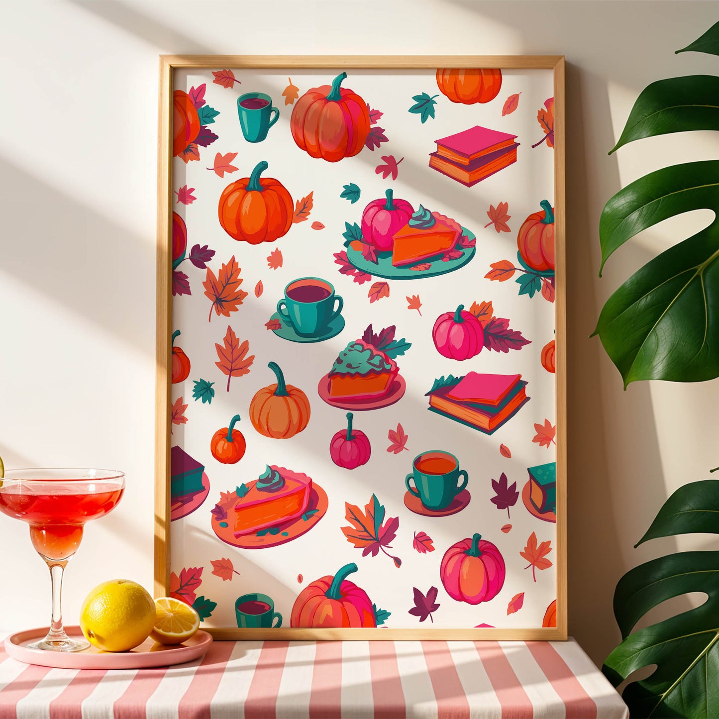 Painterly autumn cozy season print - a scattered pattern of illustrated pie slices with teal whipped cream, coffee cups on teal saucers, pumpkins in orange and hot pink, and falling leaves