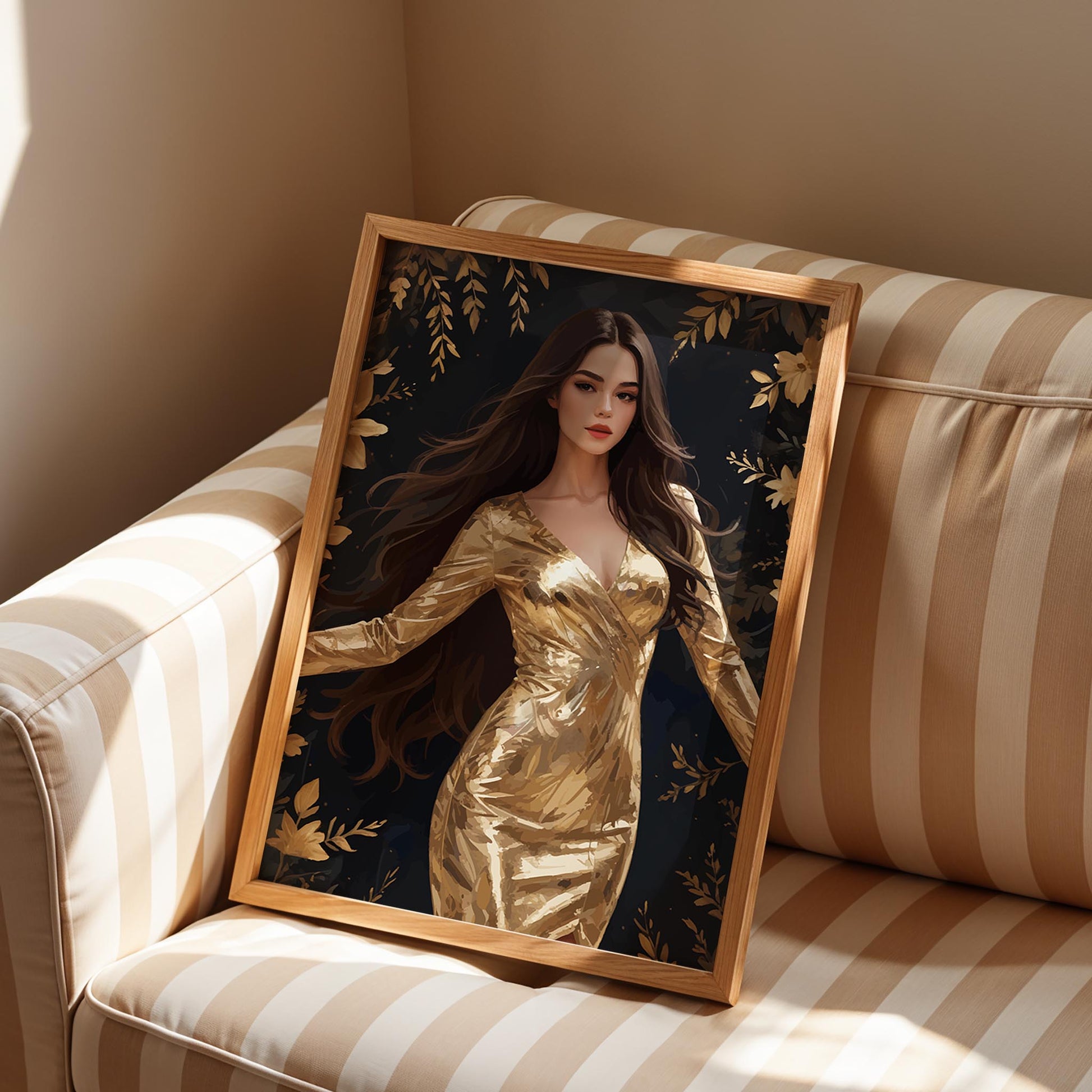 Elegant digital wall art of a woman in a shimmering gold dress surrounded by golden flowers and leaves on a dark background