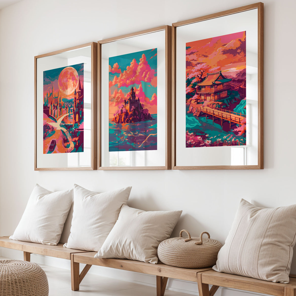 Print of a traditional pagoda-style house on a hillside, connected by a wooden bridge over water and framed by cherry blossoms