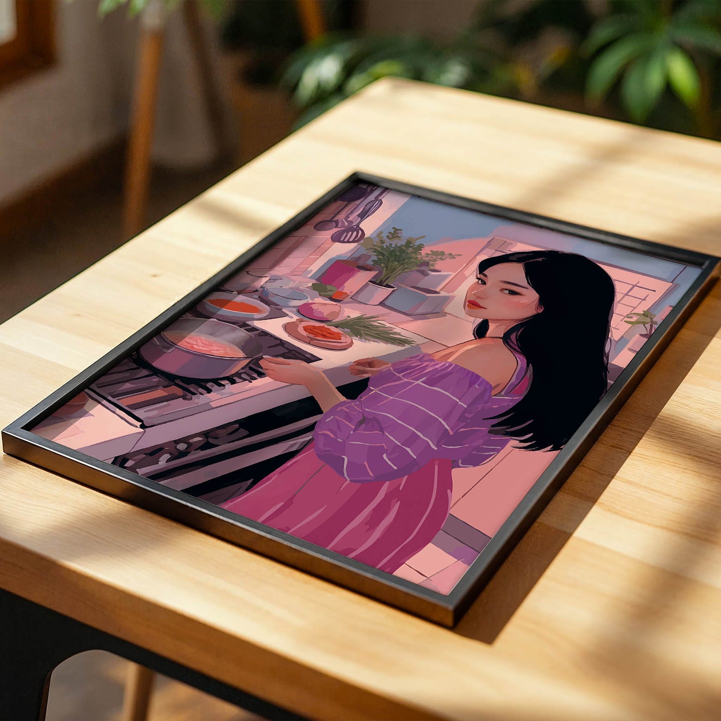 Stylish illustration of a woman cooking in a modern kitchen bathed in warm pink and purple tones. She wears an off-shoulder striped top and long skirt while stirring a pot on the stove, surrounded by herbs, vegetables, and kitchen utensils, creating a cozy and artistic home atmosphere.