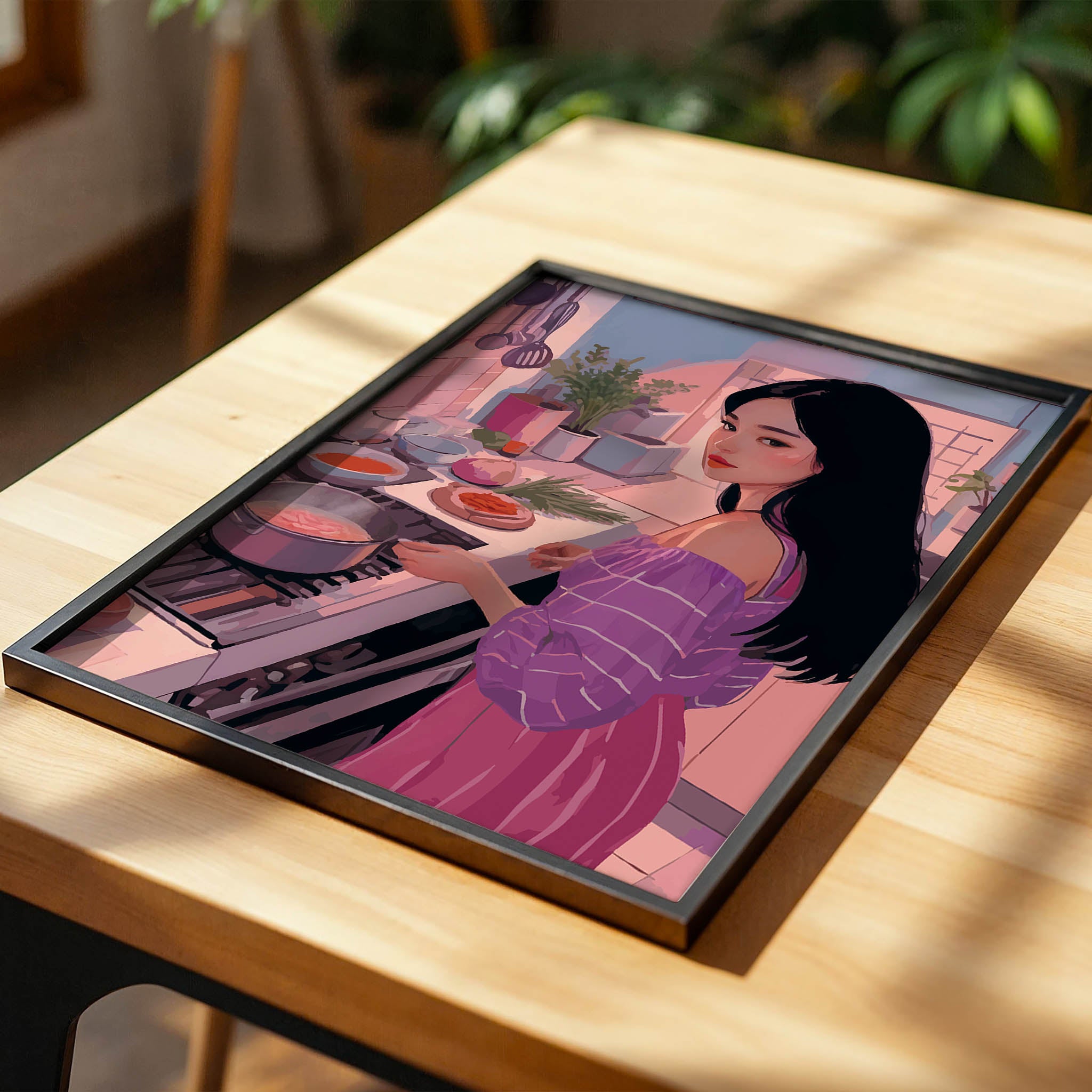 Stylish illustration of a woman cooking in a modern kitchen bathed in warm pink and purple tones. She wears an off-shoulder striped top and long skirt while stirring a pot on the stove, surrounded by herbs, vegetables, and kitchen utensils, creating a cozy and artistic home atmosphere.
