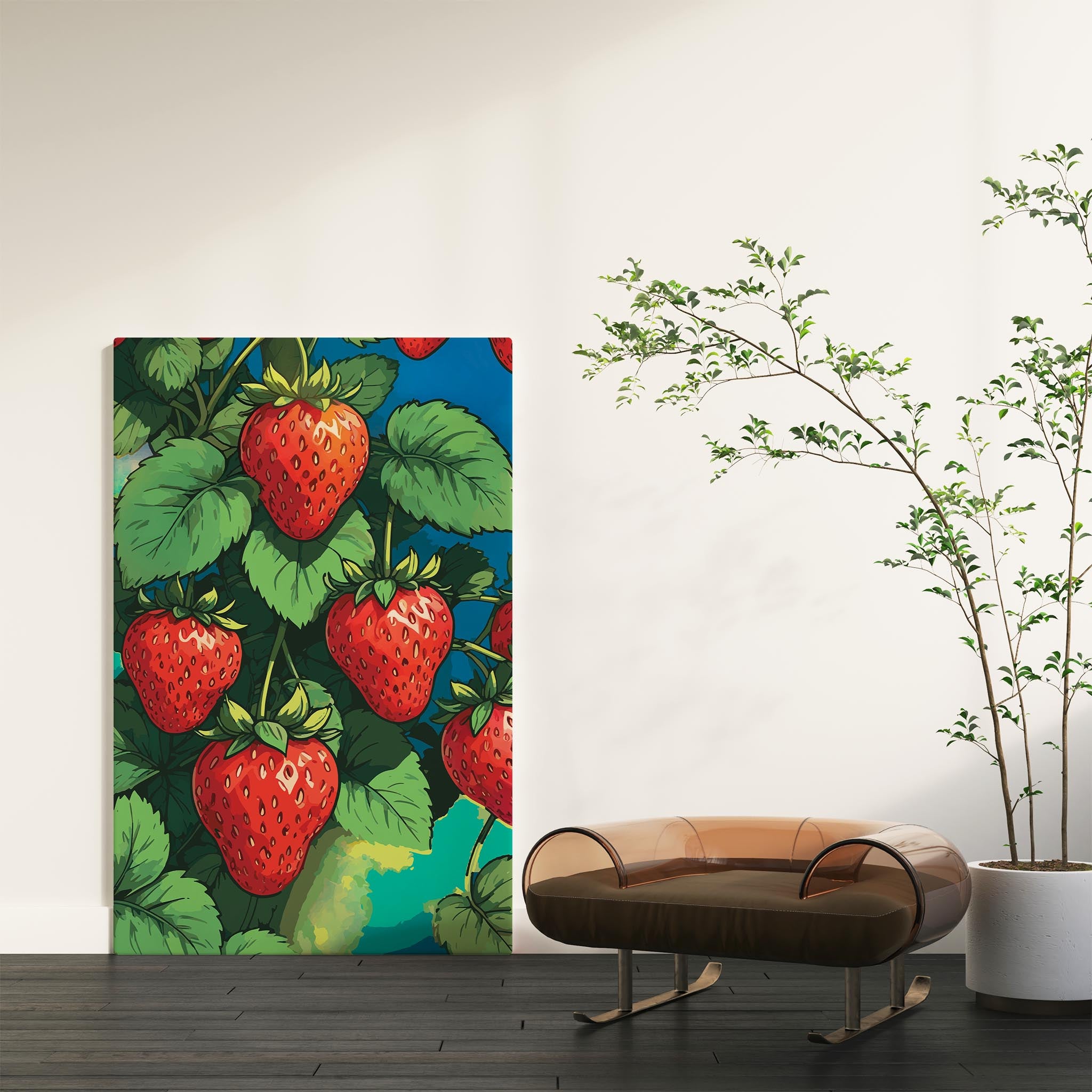 Printable wall art featuring vibrant red strawberries growing on lush green vines against a bold, colorful background, perfect for kitchen, farmhouse, or fruit-themed decor