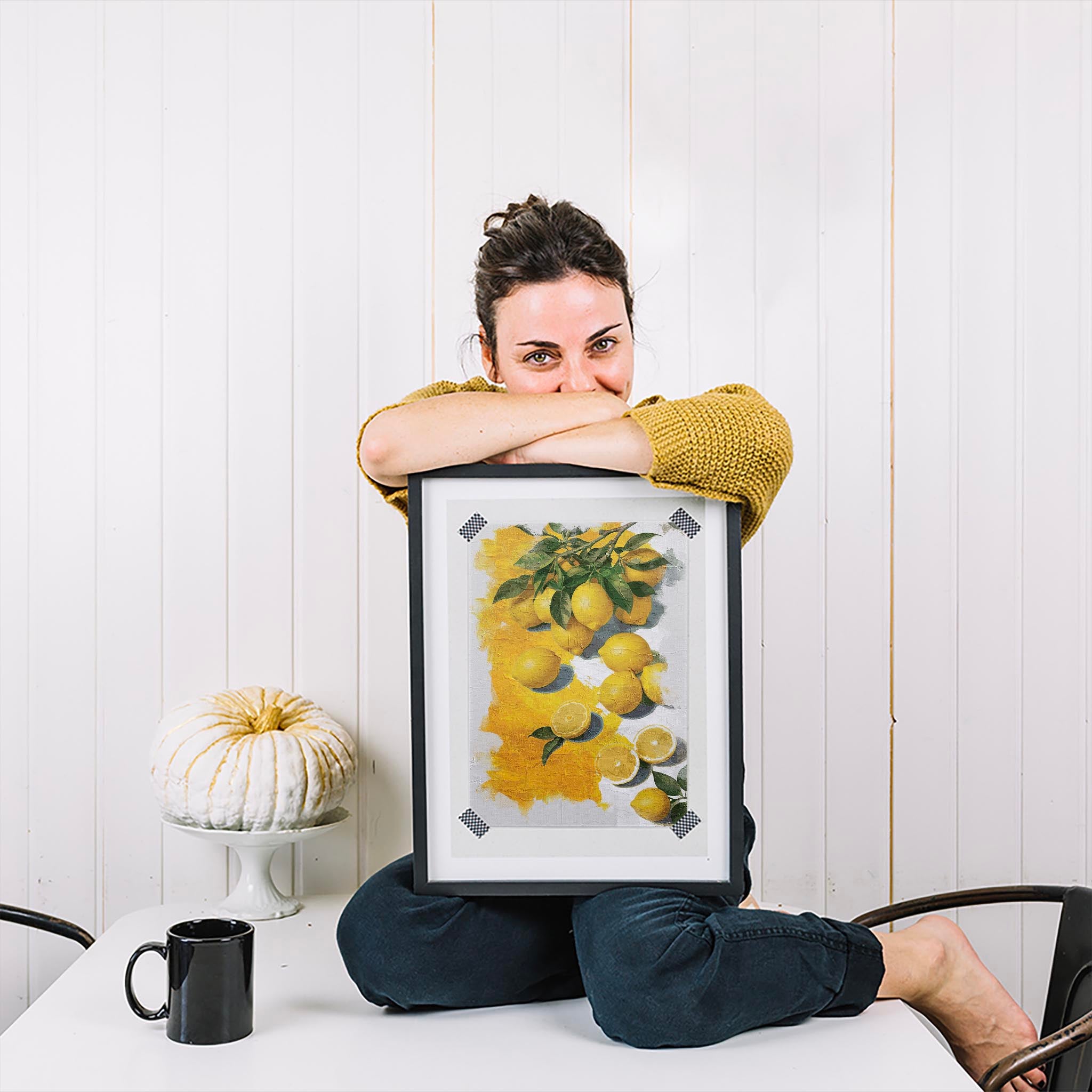 Printable wall art of vibrant yellow lemons with green leaves, some whole and some sliced, set against a textured white and yellow painted background, perfect for kitchen, farmhouse, or citrus-themed decor