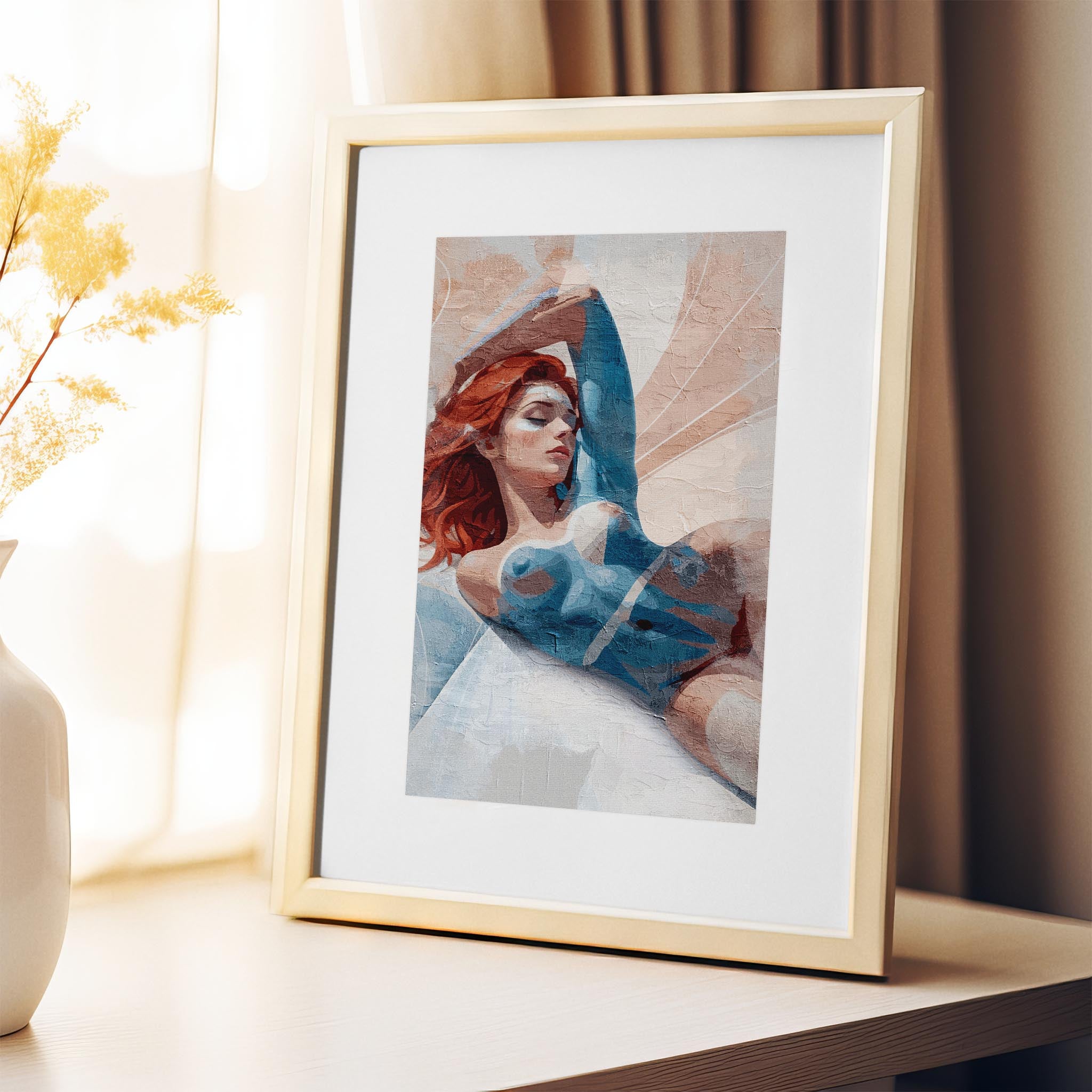 Modern printable wall art of a reclining woman with red hair, painted in an abstract style with blue and beige body tones, ideal for bold, contemporary interior decor