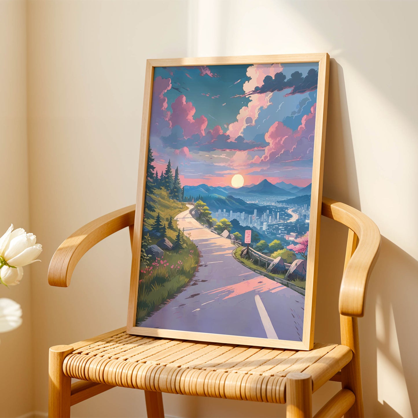 Scenic printable wall art featuring a winding mountain road at sunset, overlooking a serene cityscape with glowing skies, pine trees, and vibrant pink clouds - ideal for travel and nature-inspired home decor