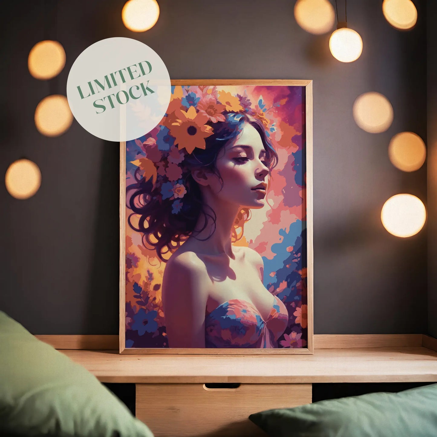 Whimsical digital portrait of a serene woman with flowing hair adorned in vibrant flowers, set against a dreamy, colorful background, enchanting printable wall art for bohemian and artistic interiors.