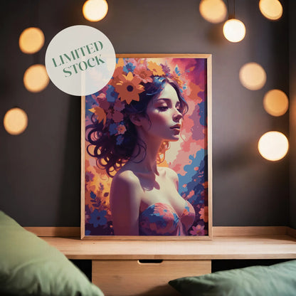 Whimsical digital portrait of a serene woman with flowing hair adorned in vibrant flowers, set against a dreamy, colorful background, enchanting printable wall art for bohemian and artistic interiors.